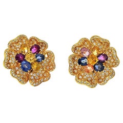 18K Yellow Gold Estate Diamond And Sapphire Flower Earrings