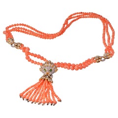 Vintage 18K Yellow Gold Estate Lion Coral Bead Diamond Necklace