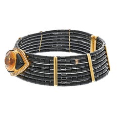 18K Yellow Gold Estate Seven Row Black Onyx Citrine and Diamond Choker Necklace