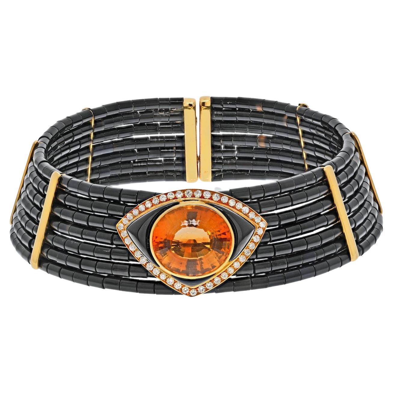18K Yellow Gold Estate Seven Row Black Onyx Citrine and Diamond Choker Necklace For Sale