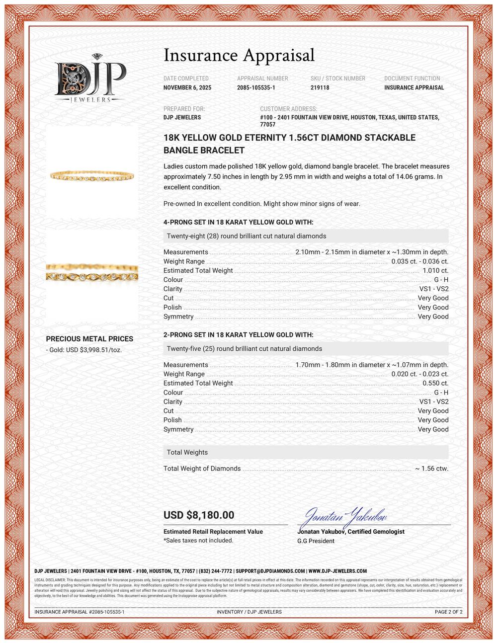 Bracelet empilable en or jaune 18K Eternity 1.56ct Diamond en vente 2