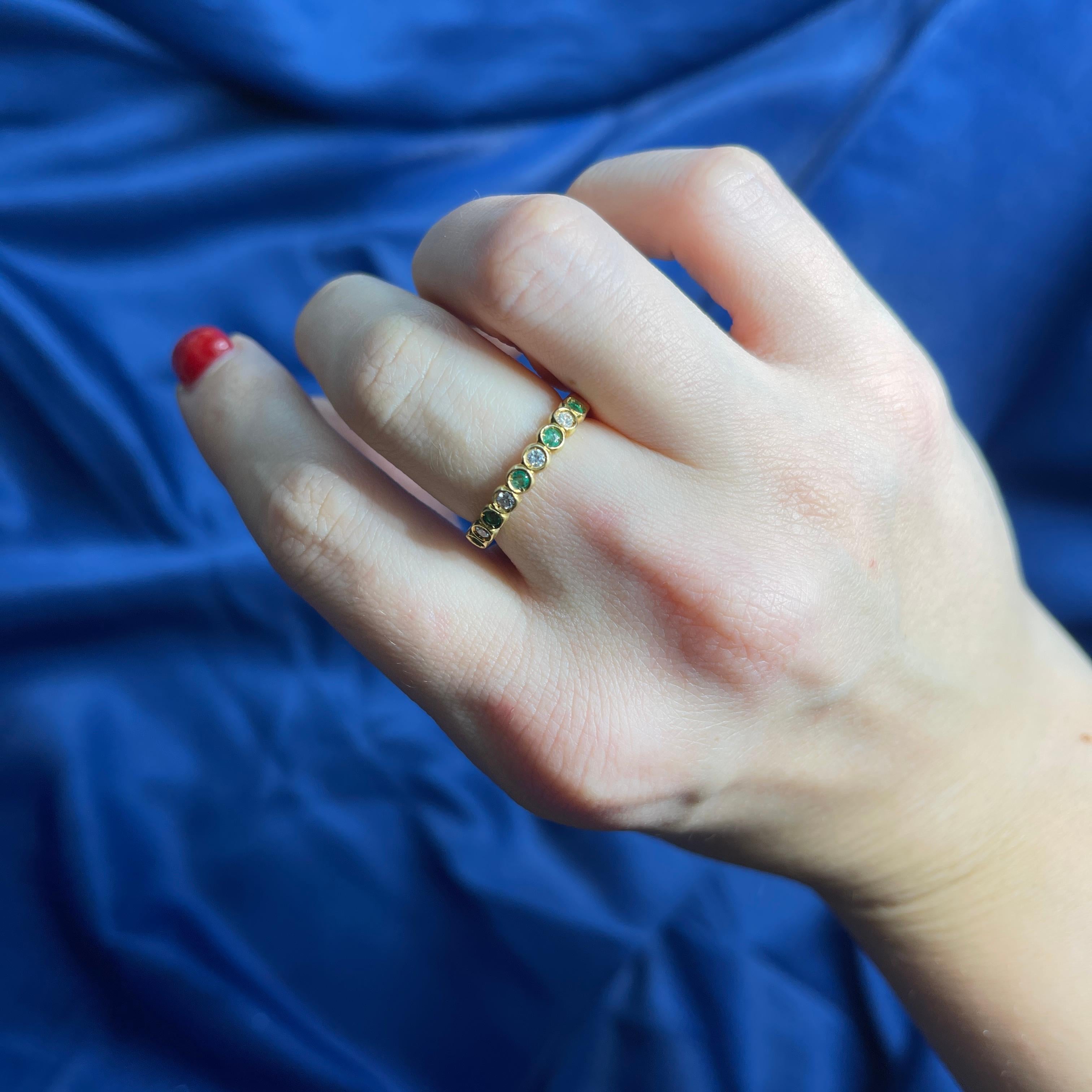 18k Yellow Gold Eternity Band with Emeralds and Diamonds For Sale 3
