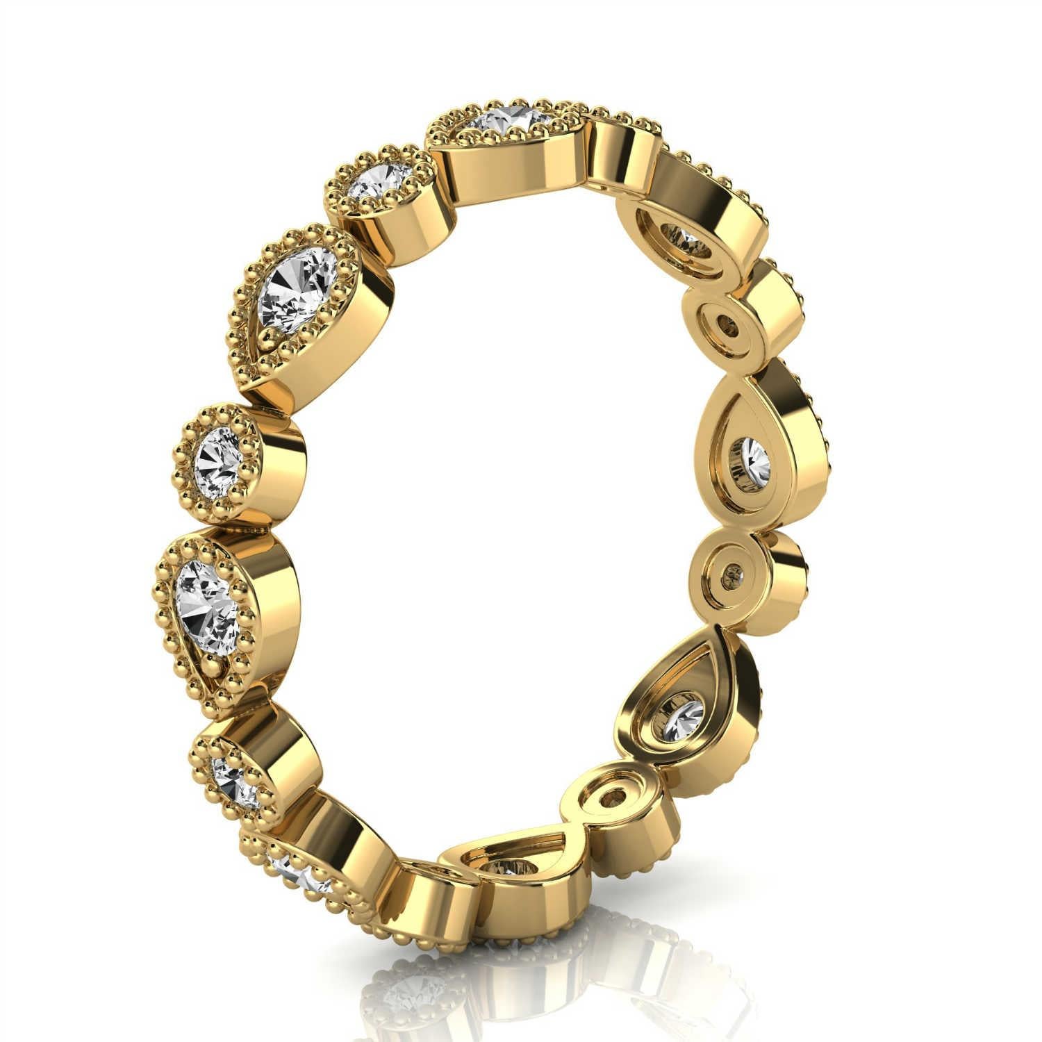 This Delicate and unique eternity band features sixteen round melee diamonds set in alternating shapes of round and pear crowns. The delicate Milgrain around the edges enhances the vintage and earthy design. Experience the difference in