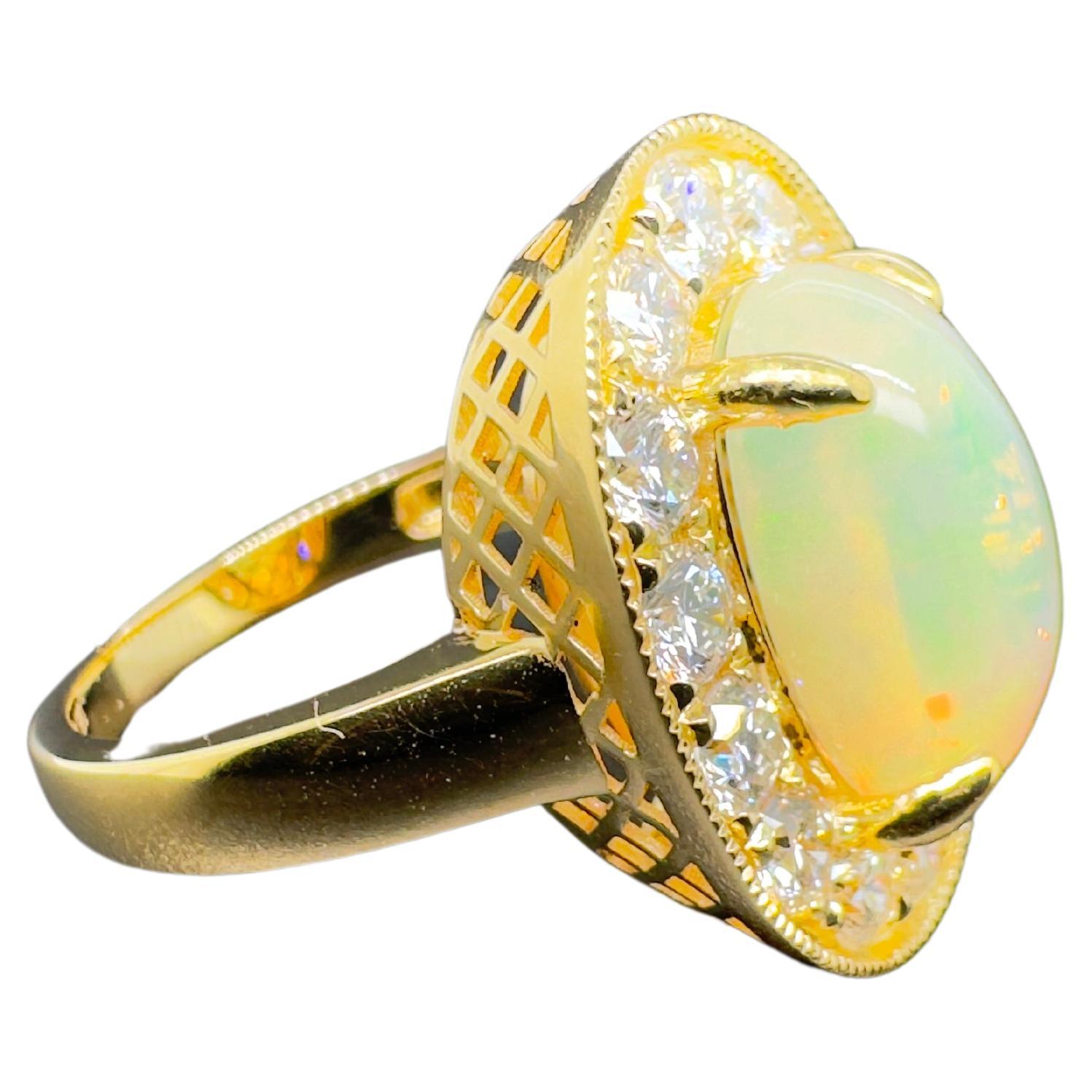 Cabochon 18k Yellow Gold Ethiopian Opal Ring with Diamonds For Sale