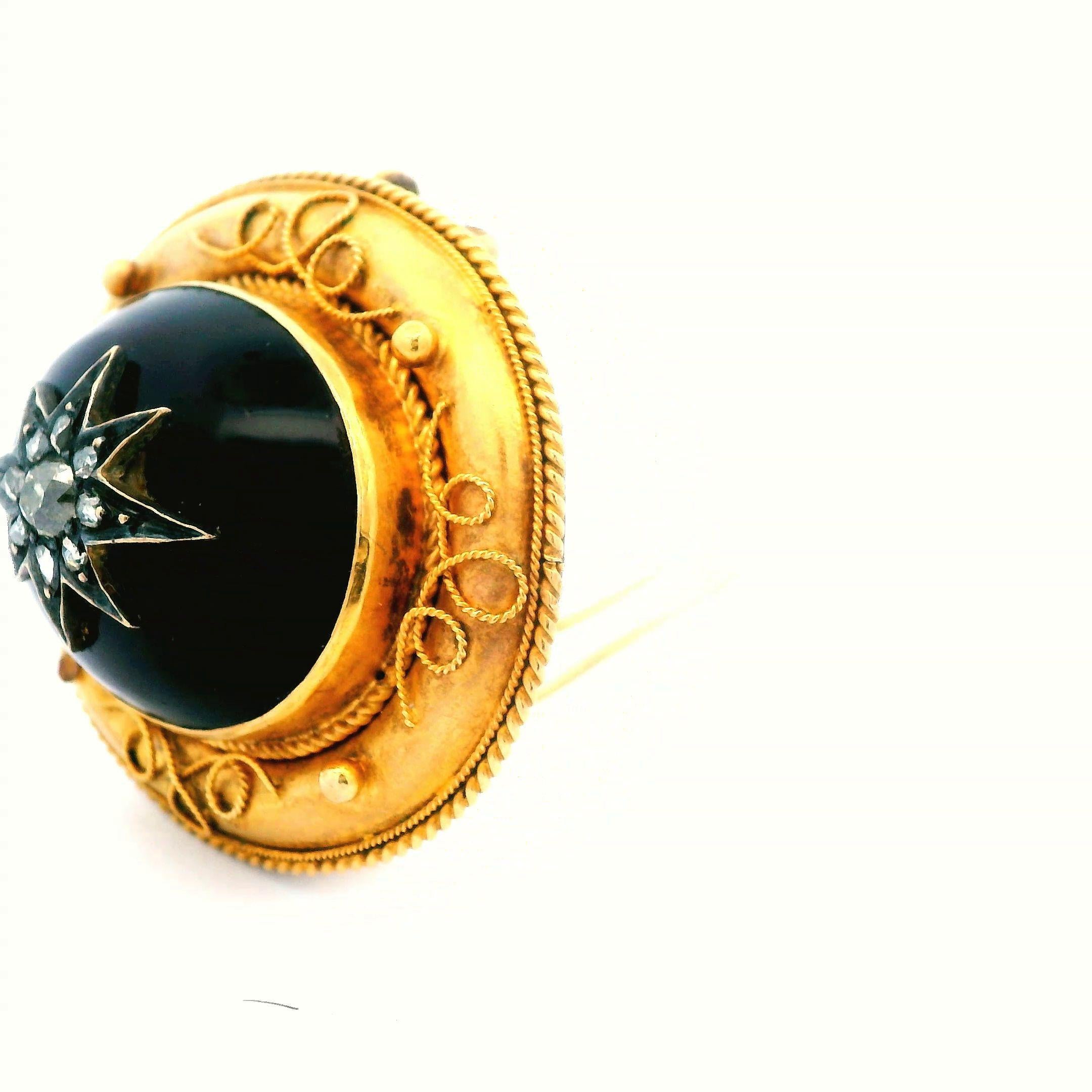 Women's 18K Yellow Gold Etruscan Garnet Pin with Diamond For Sale
