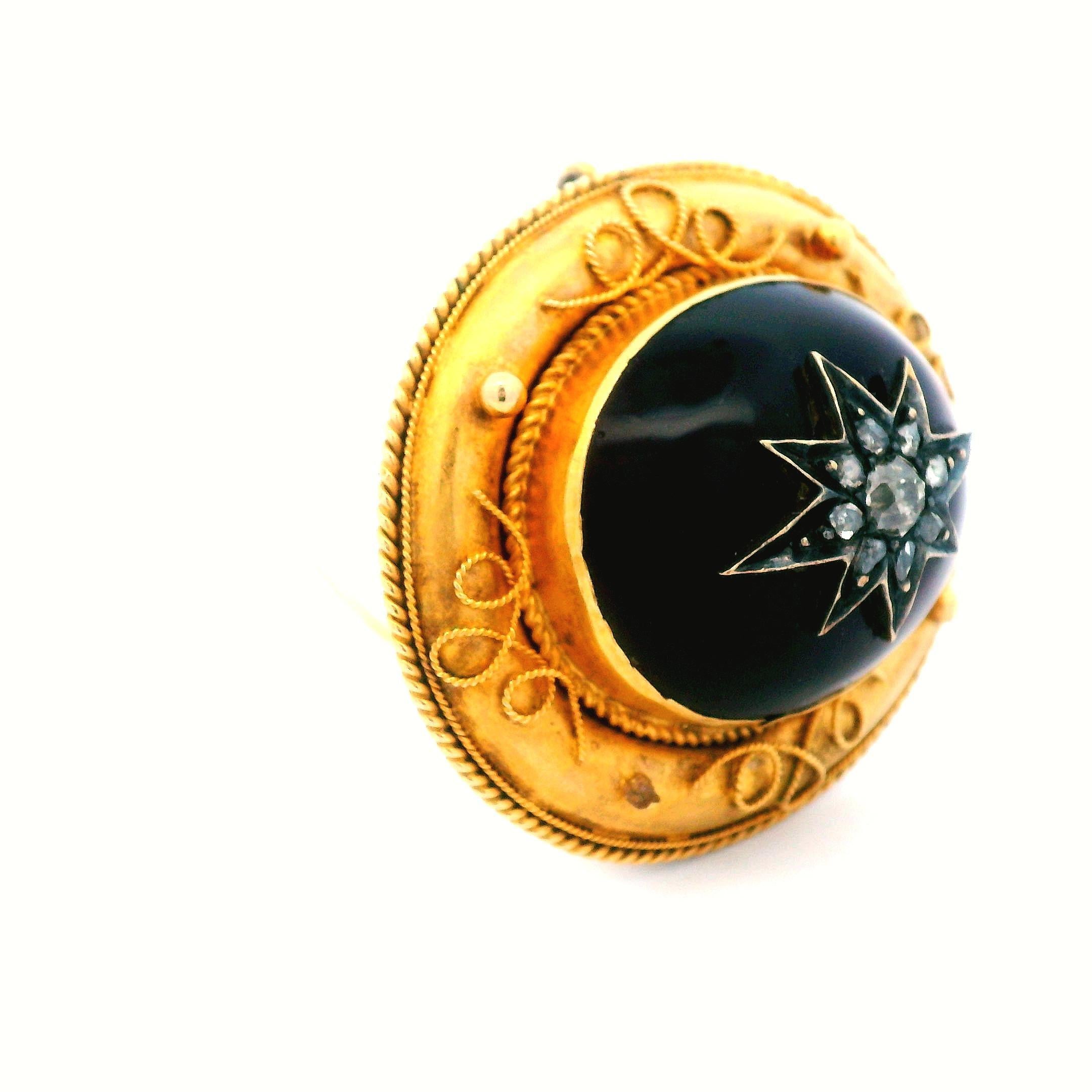 18K Yellow Gold Etruscan Garnet Pin with Diamond For Sale 1