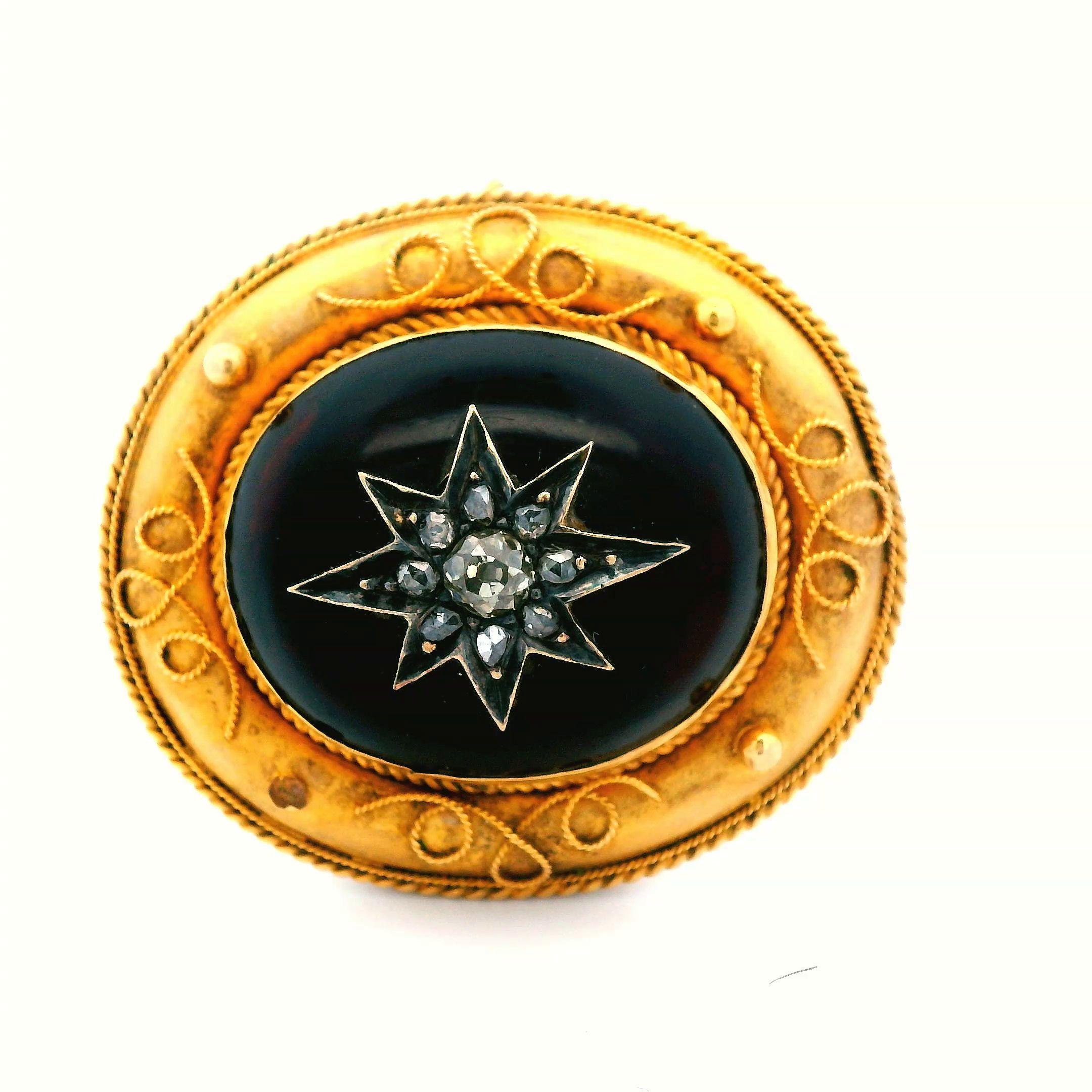 18K Yellow Gold Etruscan Garnet Pin with Diamond For Sale 4