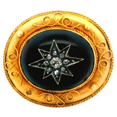 Antique 18K Yellow Gold Etruscan Garnet Pin with Diamond