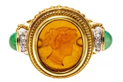 18k Yellow Gold Etruscan Style Emerald, Diamond and Sea Glass Cameo