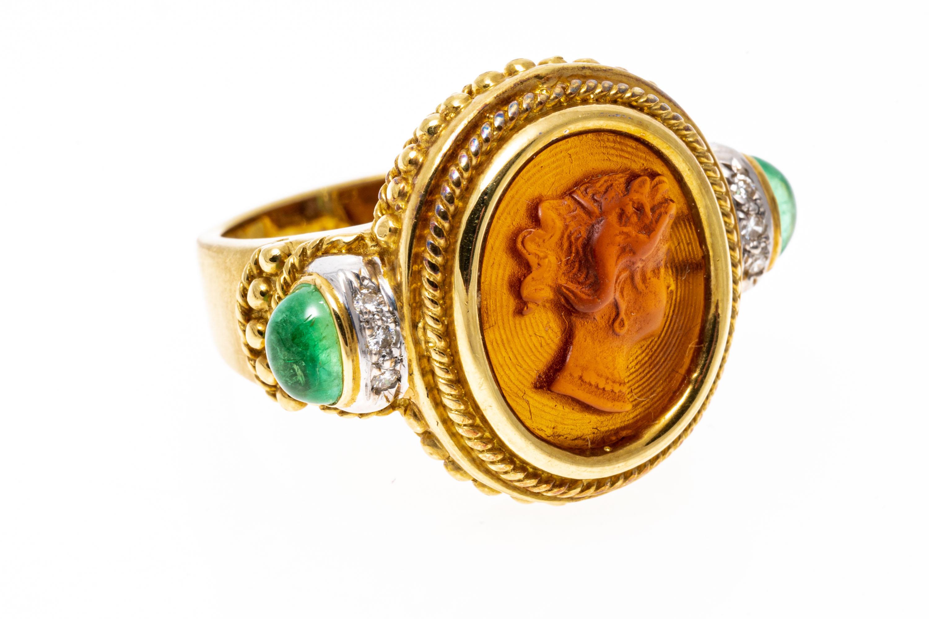 18 Karat Gelbgold Kamee im etruskischen Stil mit Smaragd, Diamant und Meeresglas (Neoetruskisch) im Angebot