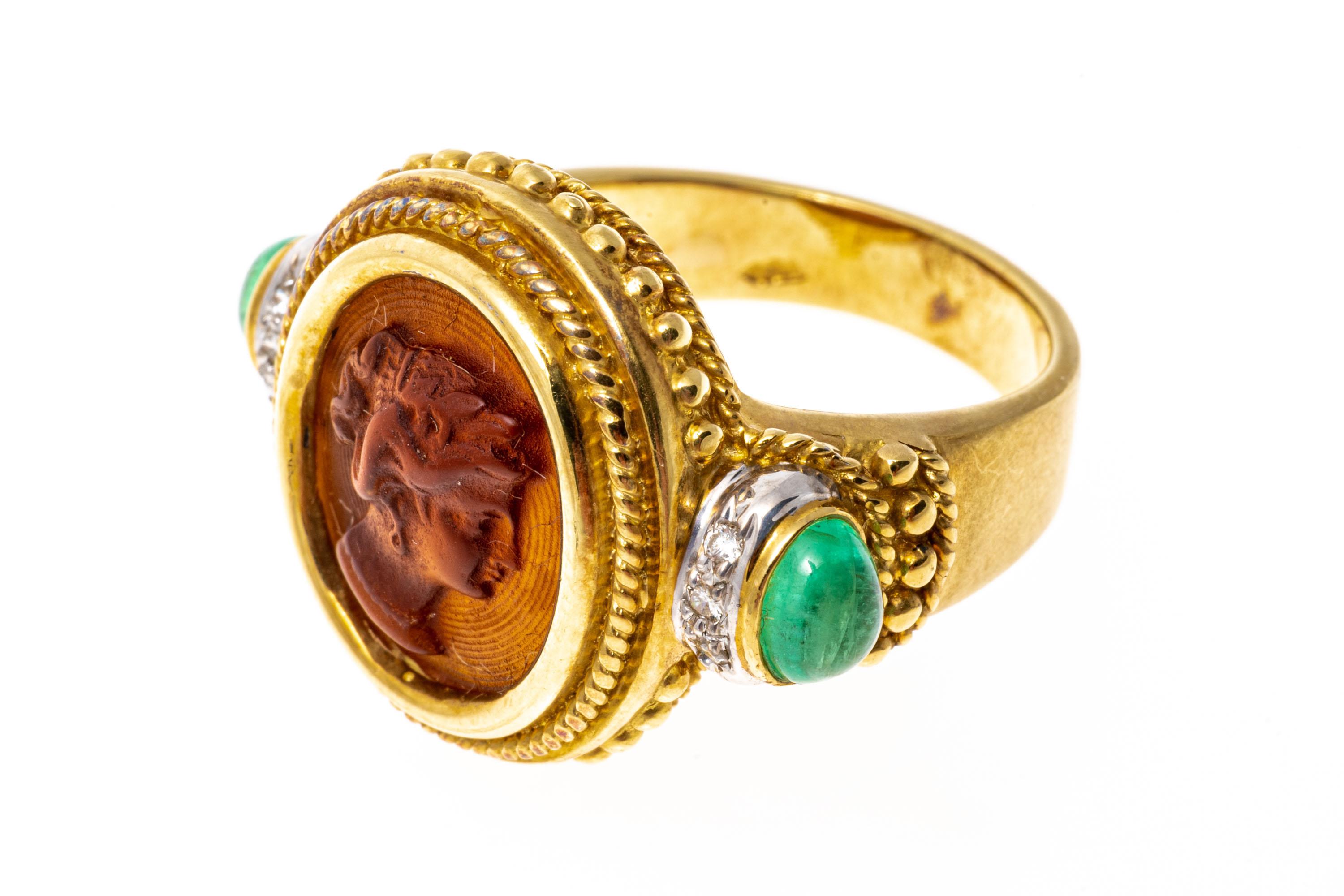 18k Yellow Gold Etruscan Style Emerald, Diamond and Sea Glass Cameo In Good Condition For Sale In Southport, CT