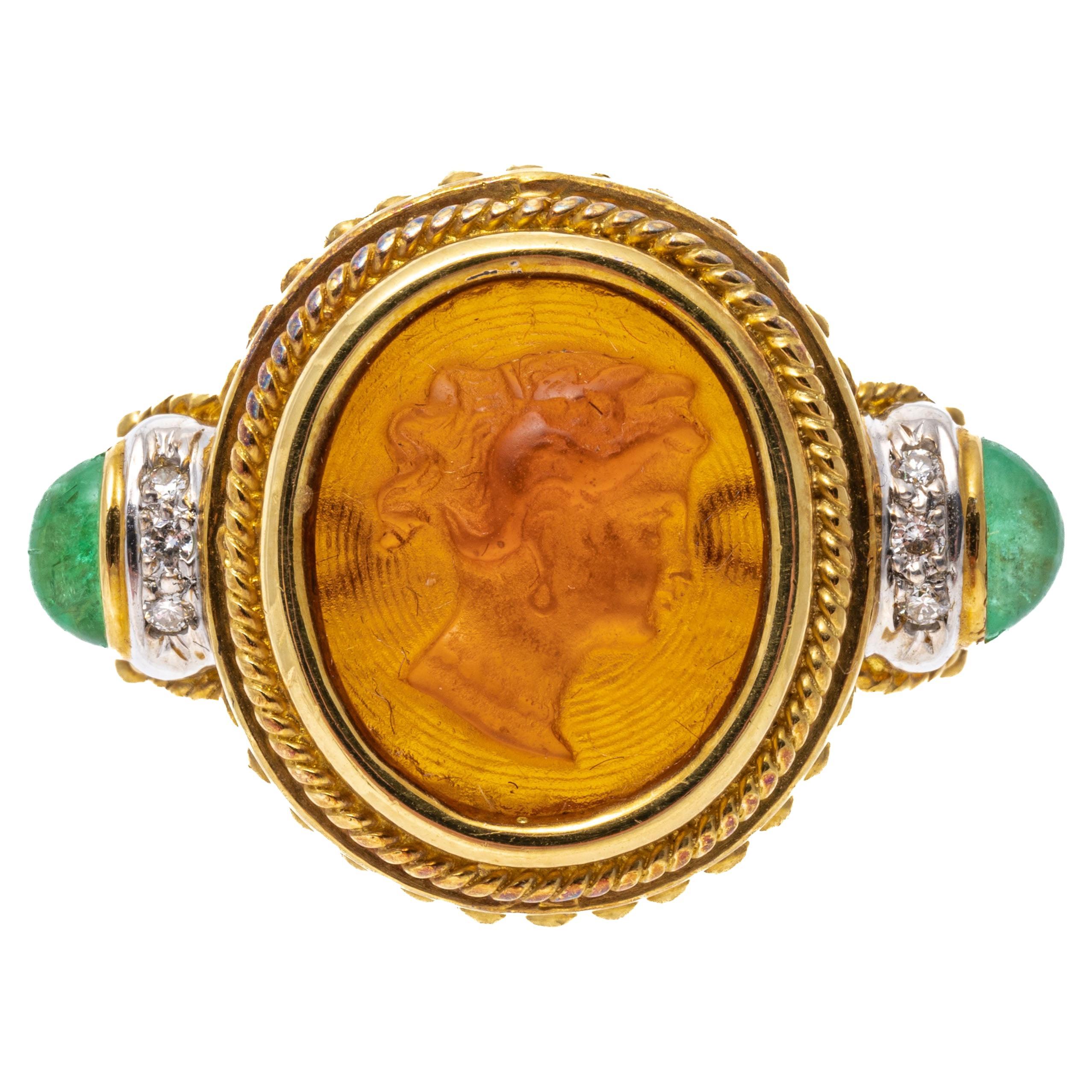 18k Yellow Gold Etruscan Style Emerald, Diamond and Sea Glass Cameo For Sale