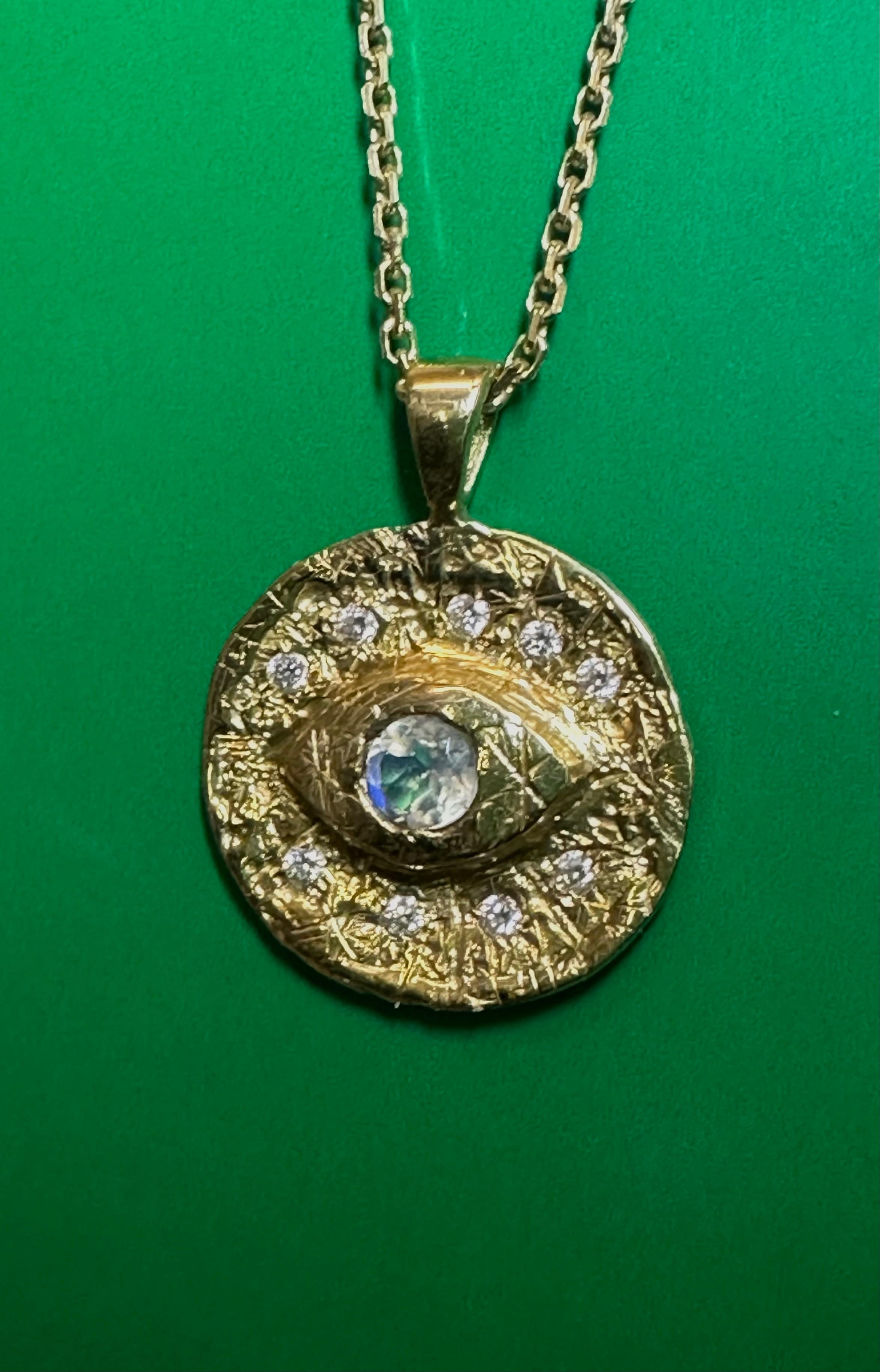 Classical Greek Evil Eye Coin Moonstone Pendant Necklace with Diamonds in gold and in stock For Sale