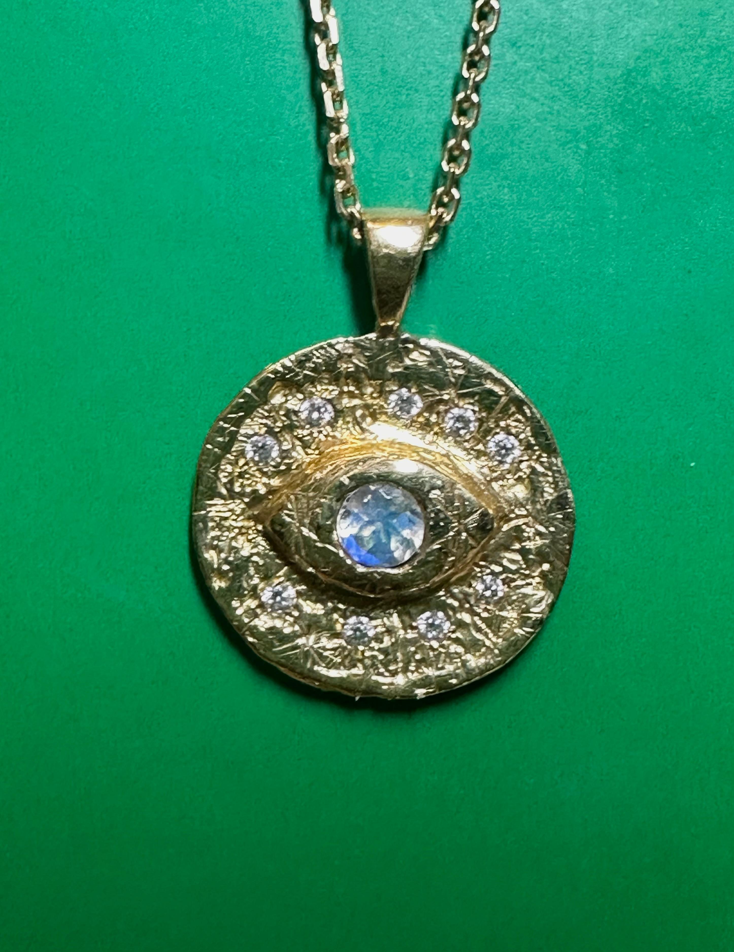 Brilliant Cut Evil Eye Coin Moonstone Pendant Necklace with Diamonds in gold and in stock For Sale