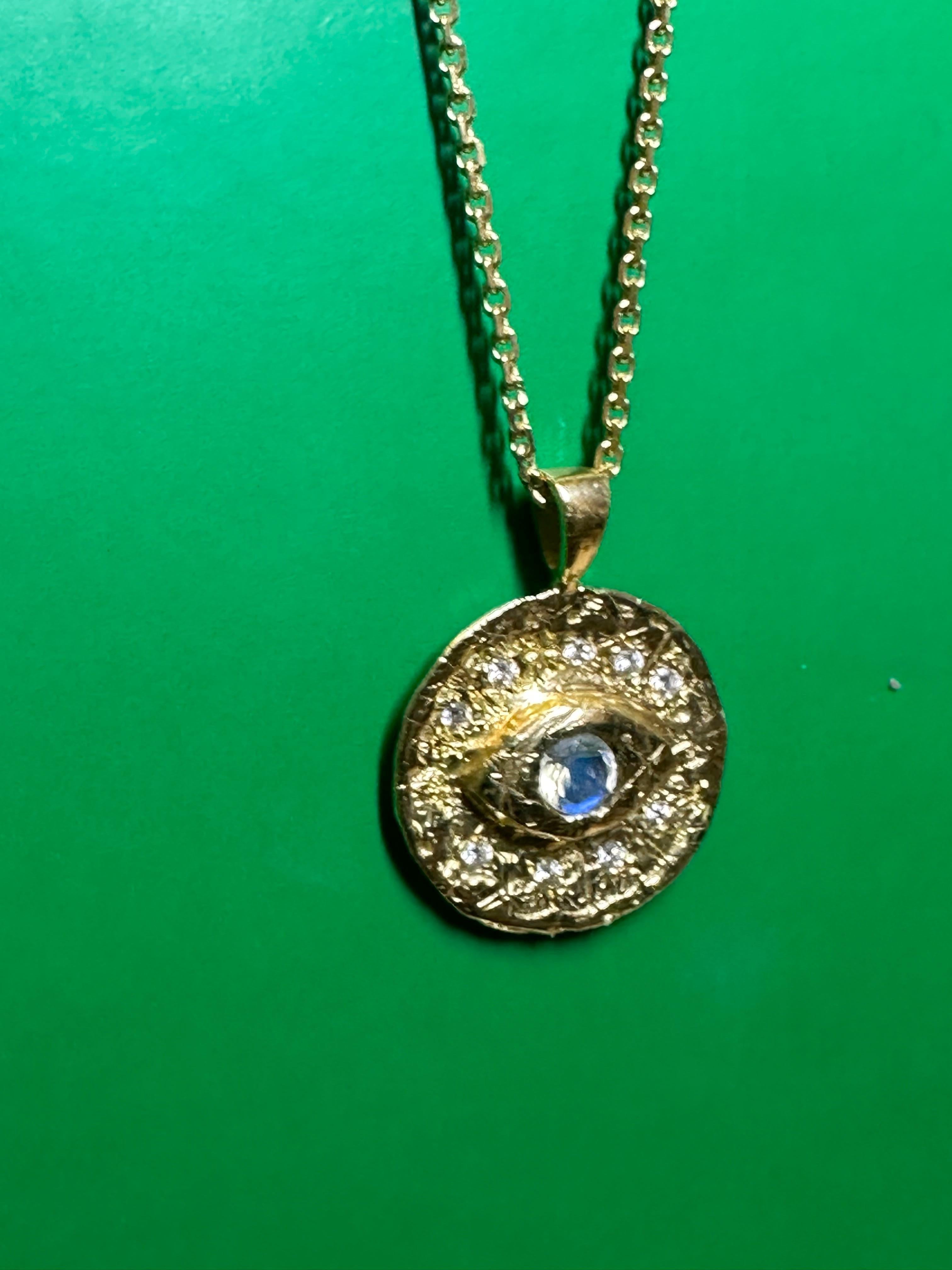 Evil Eye Coin Moonstone Pendant Necklace with Diamonds in gold and in stock In New Condition For Sale In London, GB