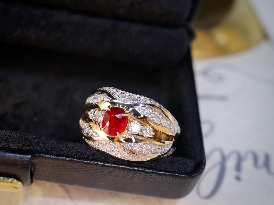 Oval Cut 18K Yellow Gold Pigeon Blood Ruby Diamond Cocktail Ring For Sale