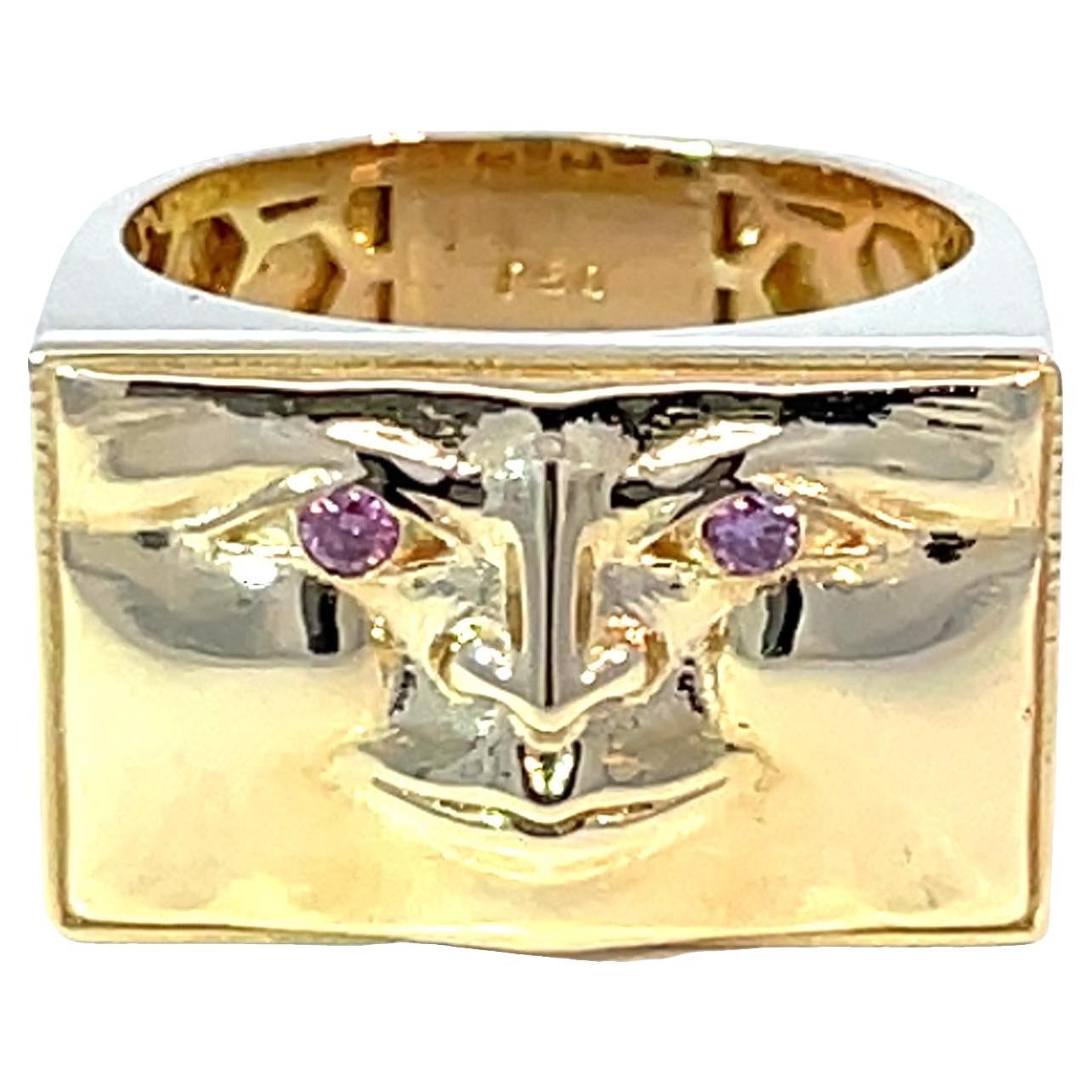 Anello viso in oro giallo 18k con occhi in Pink Diamond in vendita