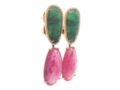18k Yellow Gold Faceted Green & Red Stones w/ Diamond Drop Dangle Earrings