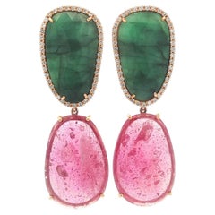 18k Yellow Gold Faceted Green & Red Stones w/ Diamond Drop Dangle Earrings