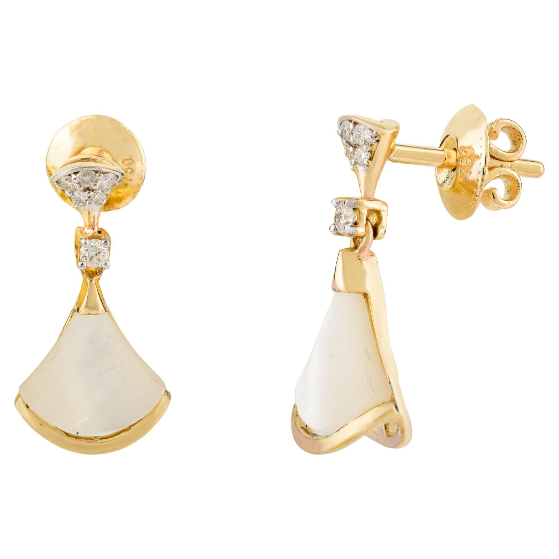 18k Yellow Gold Fan Shape Mother of Pearl and Diamond Dangle Earrings For Sale