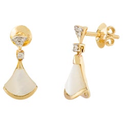 18k Yellow Gold Fan Shape Mother of Pearl and Diamond Dangle Earrings
