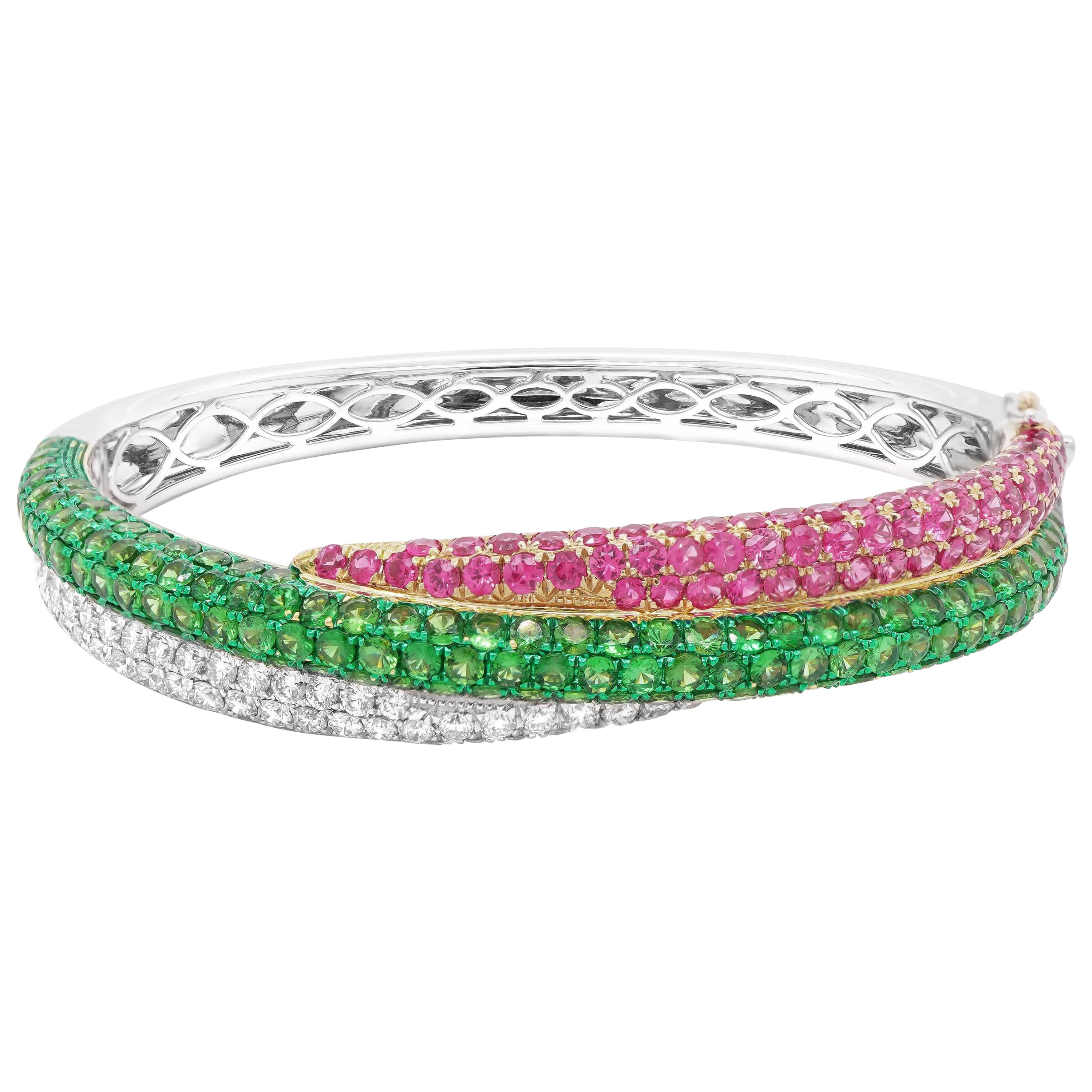 Bangle da dessert in oro giallo 18 carati con tsavorite, diamante bianco e zaffiro rosa in vendita