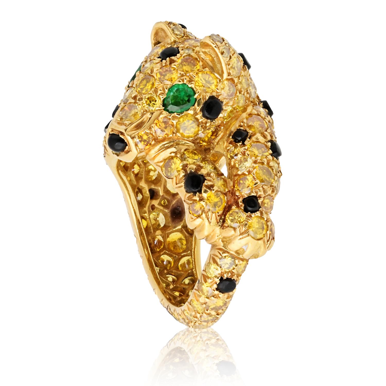 Moderne Bague Panthère en or jaune 18 carats diamant fantaisie 8.00cttw en vente