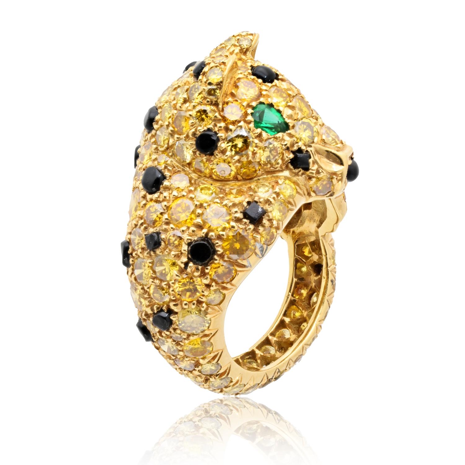 Taille ronde Bague Panthère en or jaune 18 carats diamant fantaisie 8.00cttw en vente