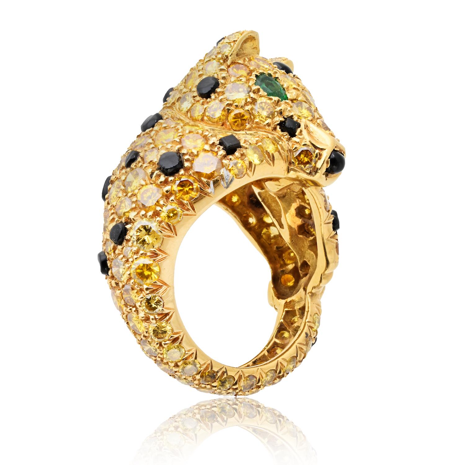 Bague Panthère en or jaune 18 carats diamant fantaisie 8.00cttw Excellent état - En vente à New York, NY