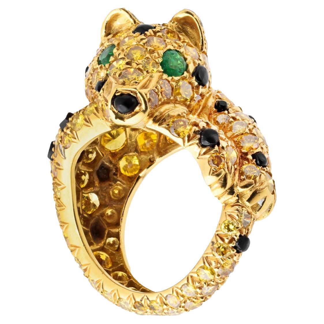 18K Yellow Gold Fancy Diamond Panther 8.00cttw Ring