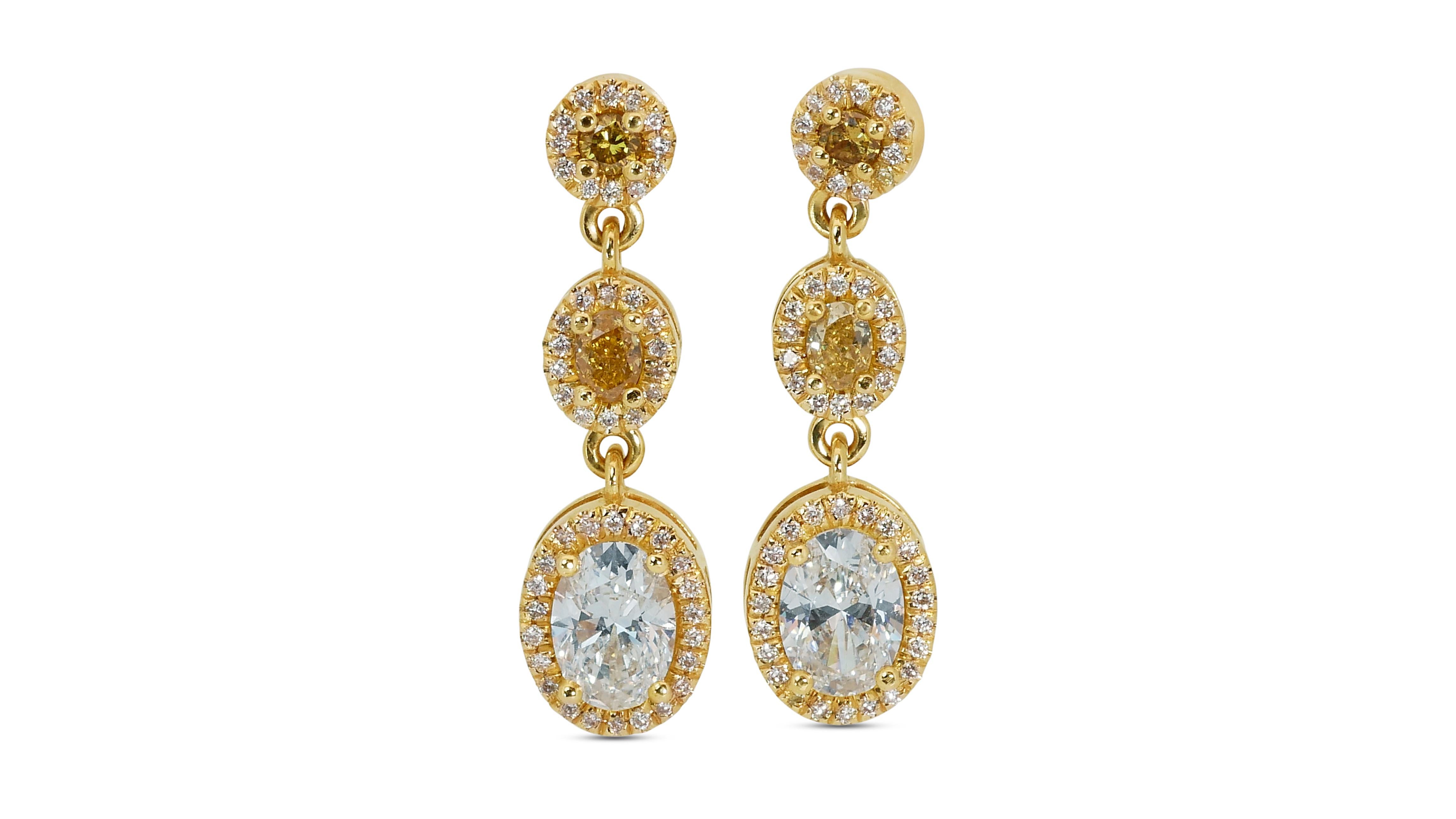 Oval Cut 18k Yellow Gold Fancy Drop Earrings w/ 2.18 Carat Natural Diamonds IGI Cert For Sale