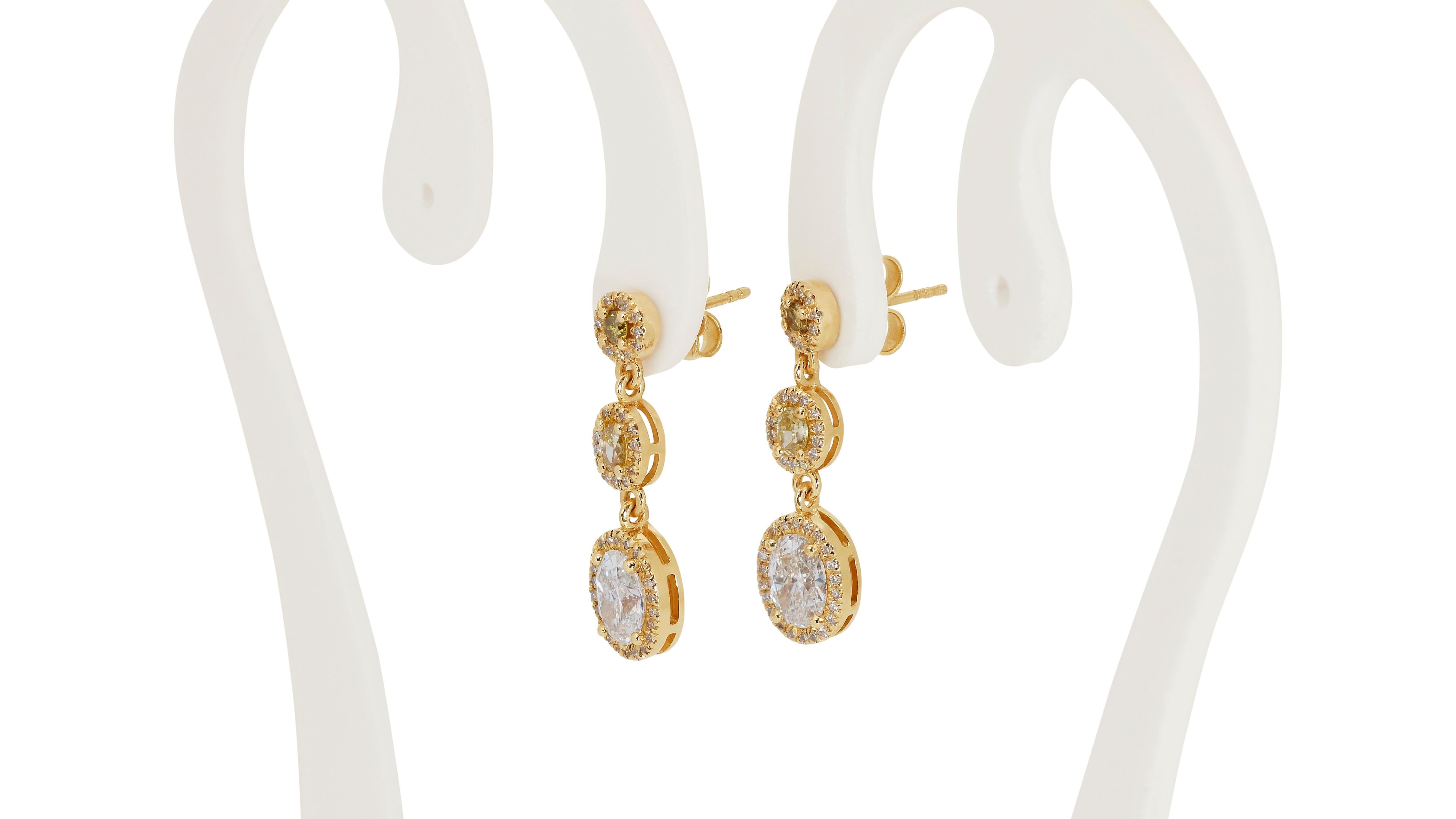 Women's 18k Yellow Gold Fancy Drop Earrings w/ 2.18 Carat Natural Diamonds IGI Cert For Sale