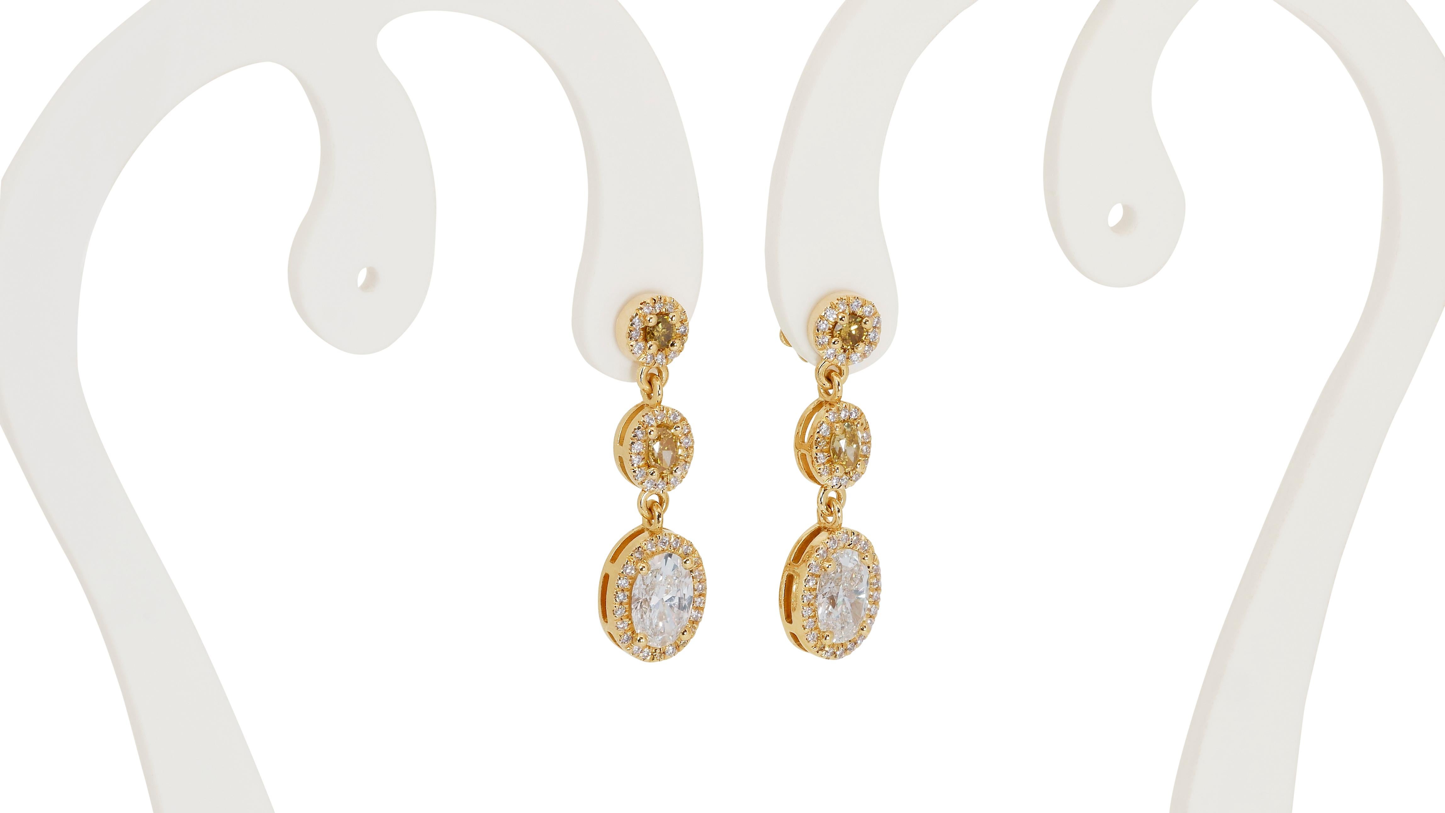18k Yellow Gold Fancy Drop Earrings w/ 2.18 Carat Natural Diamonds IGI Cert For Sale 1