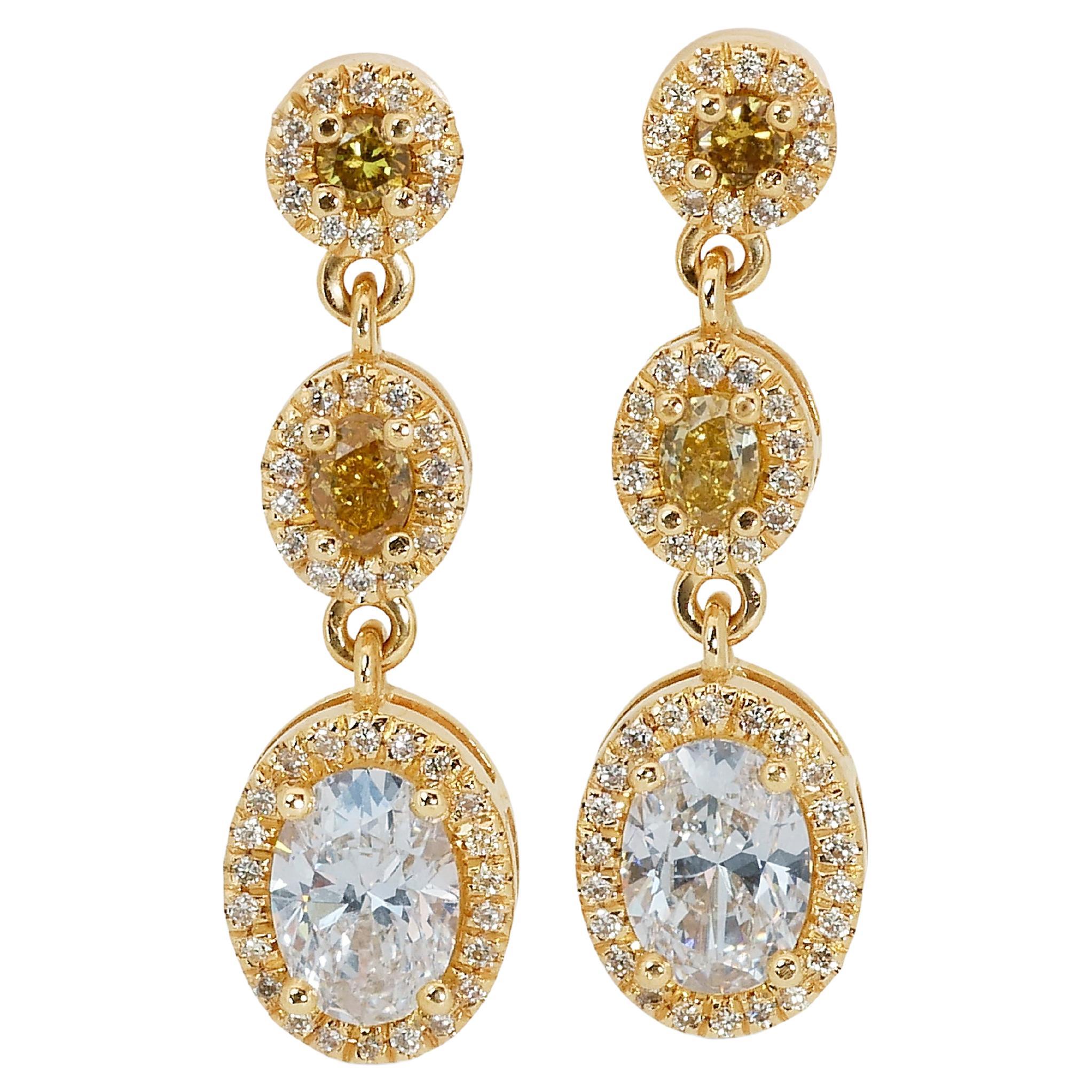 18k Yellow Gold Fancy Drop Earrings w/ 2.18 Carat Natural Diamonds IGI Cert For Sale