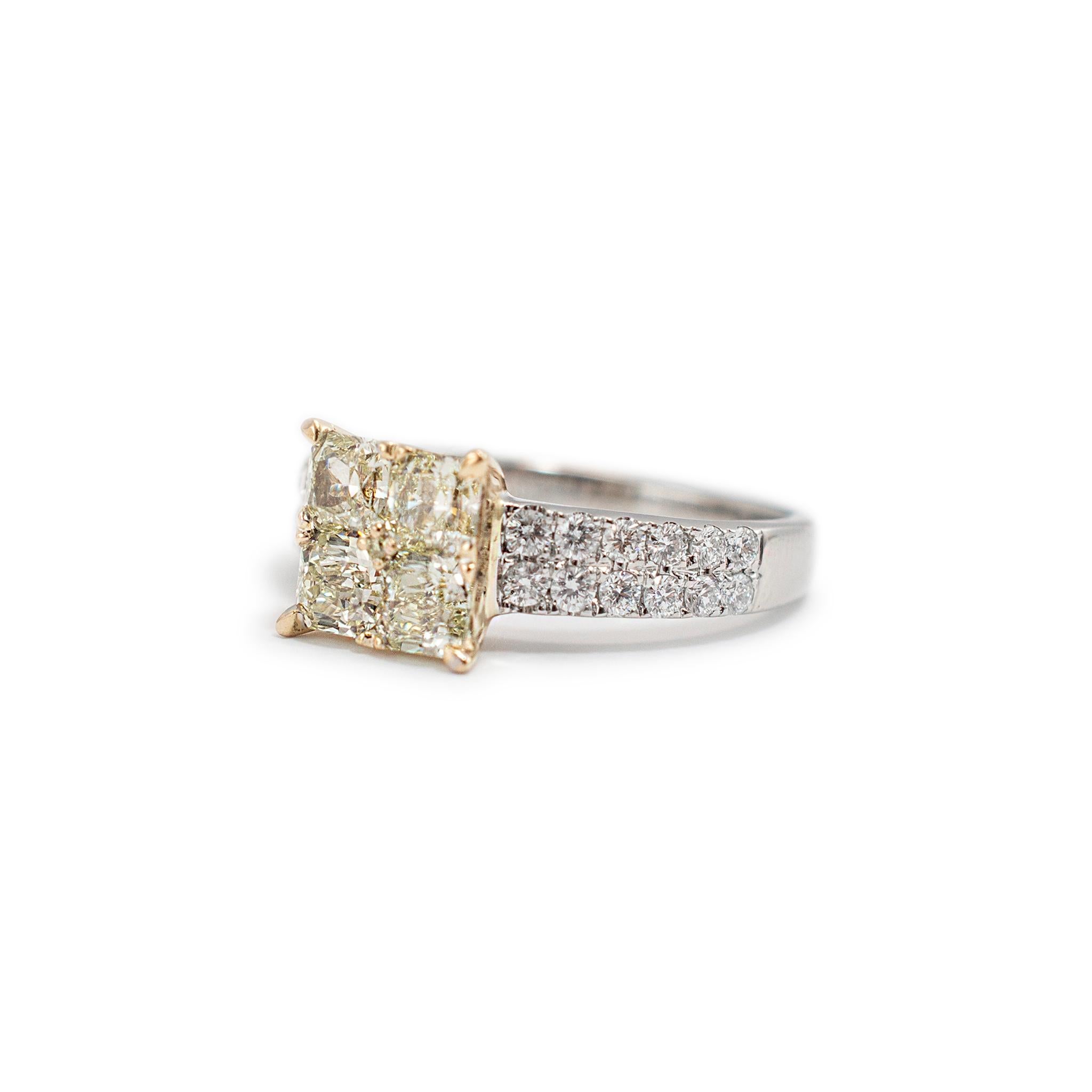 Genre : Dames 

Type de métal : Or blanc et jaune 18K

Taille de l'anneau : 5.5 

Poids : 3.80 grammes

Bague de cocktail en or blanc et jaune 18 carats, ornée de diamants, avec un anneau demi-rond. Le métal a été testé et il a été déterminé qu'il