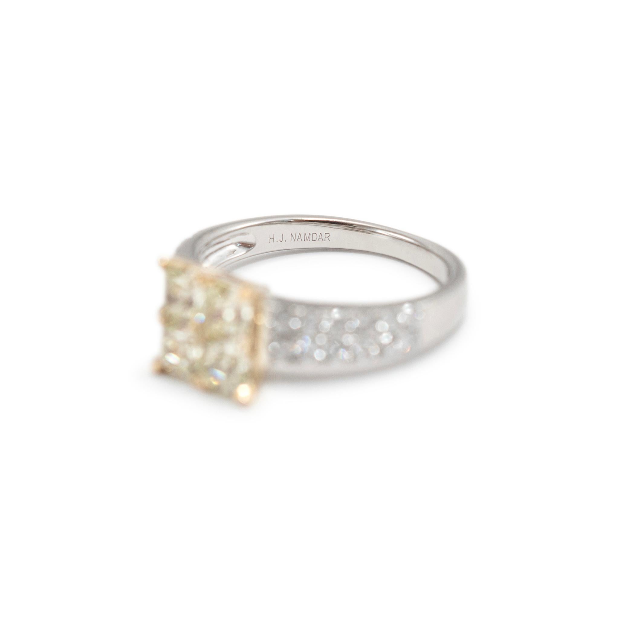 Bague cocktail en or jaune 18 carats avec deux rangées de diamants de couleur jaune coussin fantaisie Pour femmes en vente