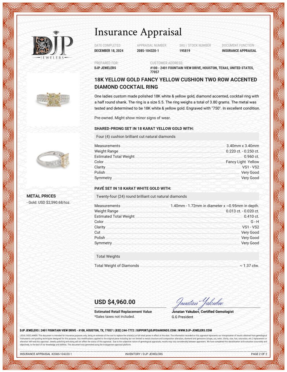 Bague cocktail en or jaune 18 carats avec deux rangées de diamants de couleur jaune coussin fantaisie en vente 3