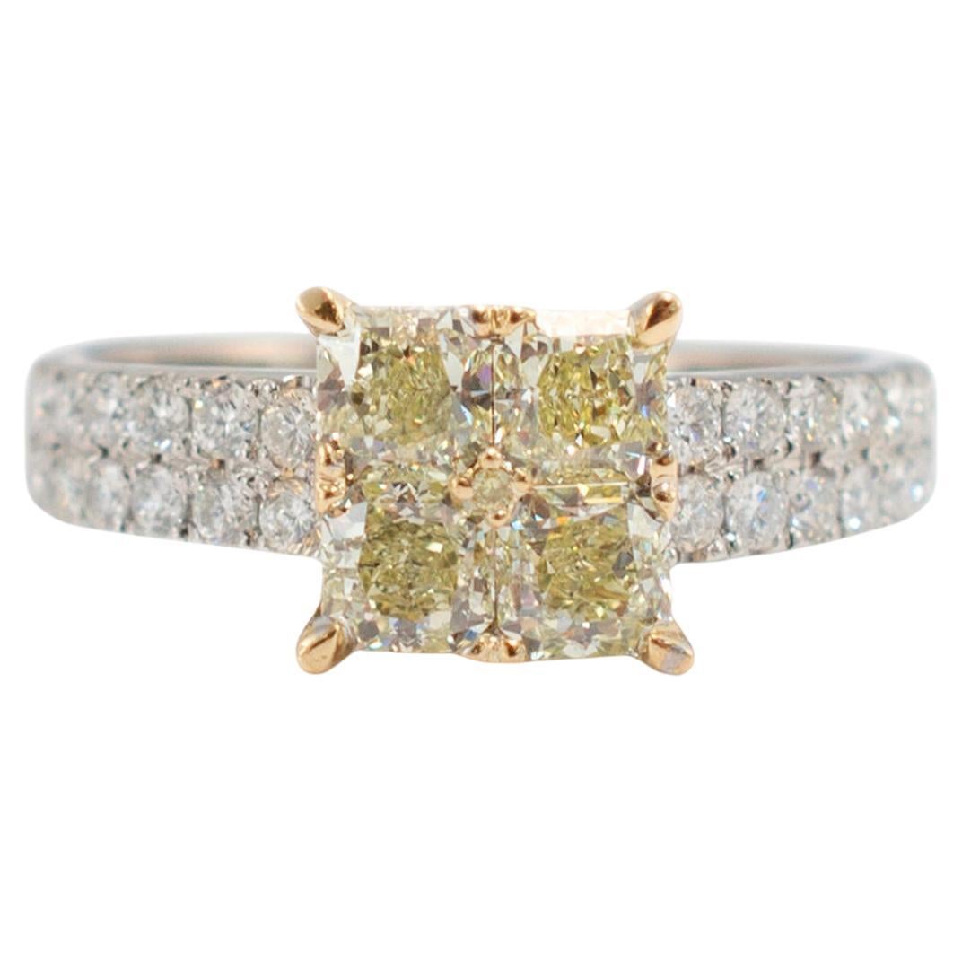 18K Yellow Gold Fancy Yellow Cushion Two Row Accented Diamond Cocktail Ring