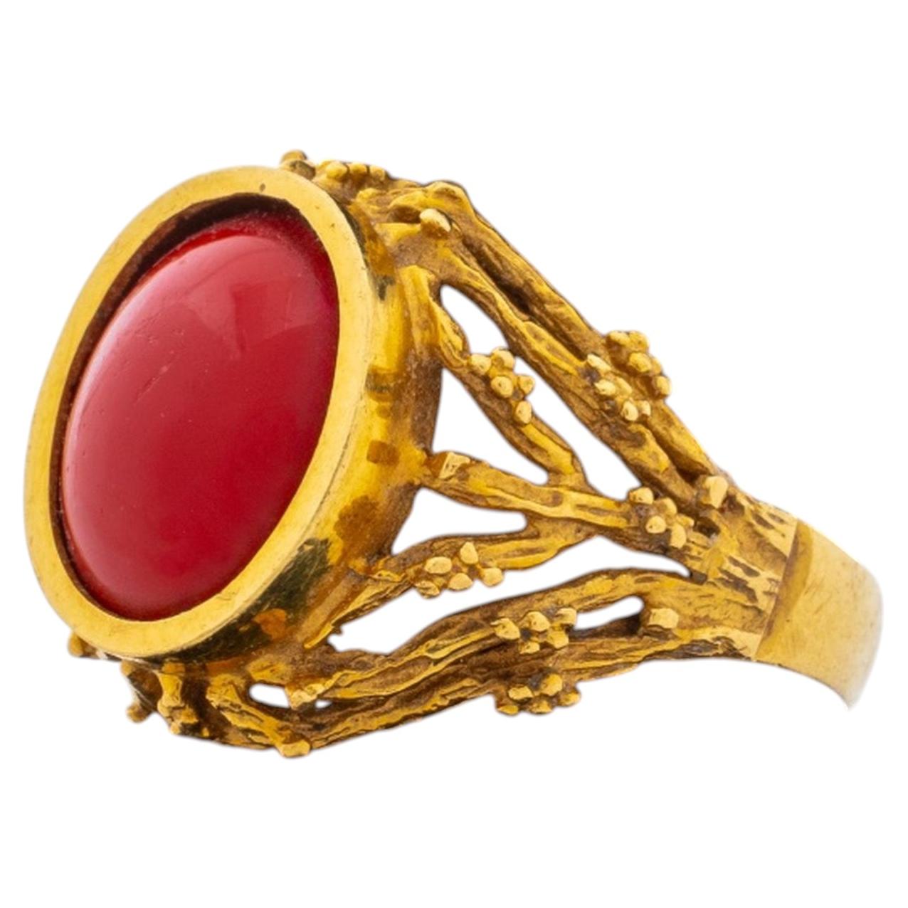 Vintage Modernist 18K Yellow Gold Faux Coral Cocktail Ring