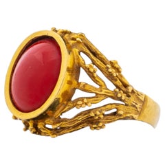 Vintage Modernist 18K Yellow Gold Faux Coral Cocktail Ring
