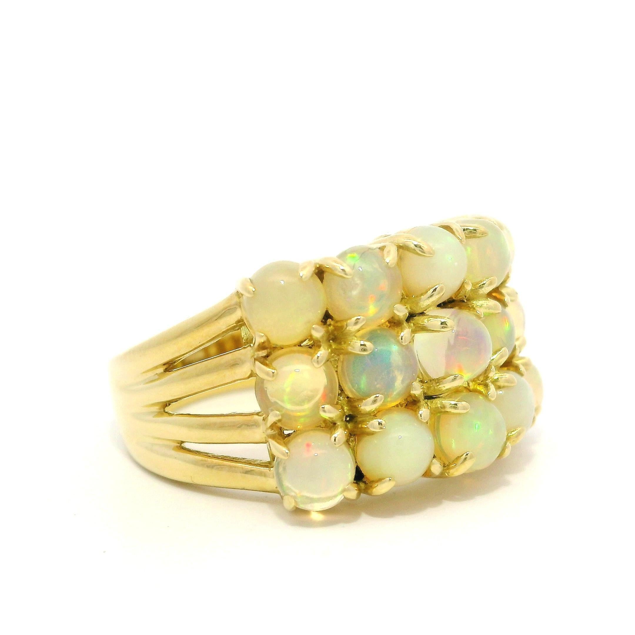 18k Yellow Gold Fiery Round Opal Three Row Wide Solid Band Ring For Sale 5