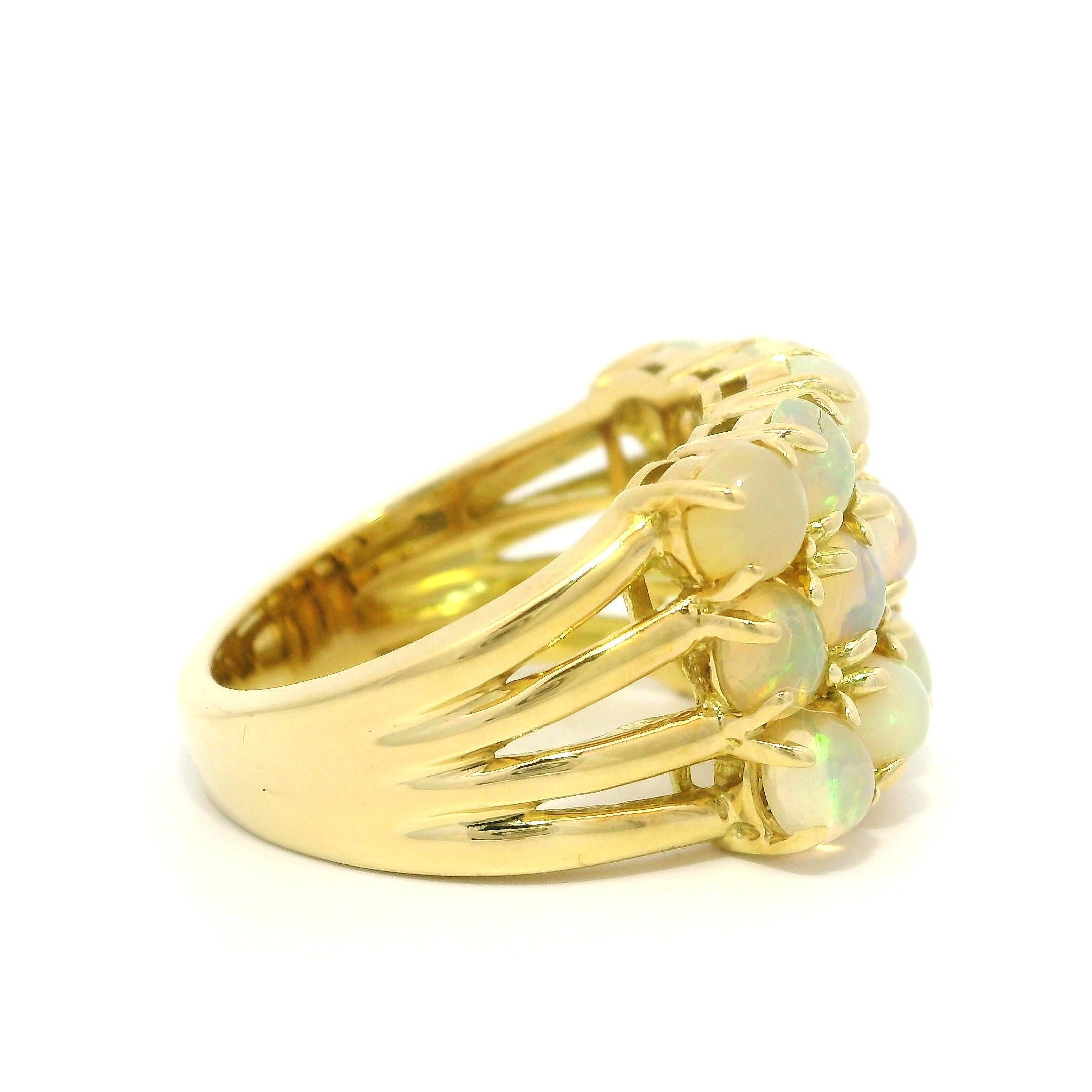 18k Yellow Gold Fiery Round Opal Three Row Wide Solid Band Ring For Sale 6