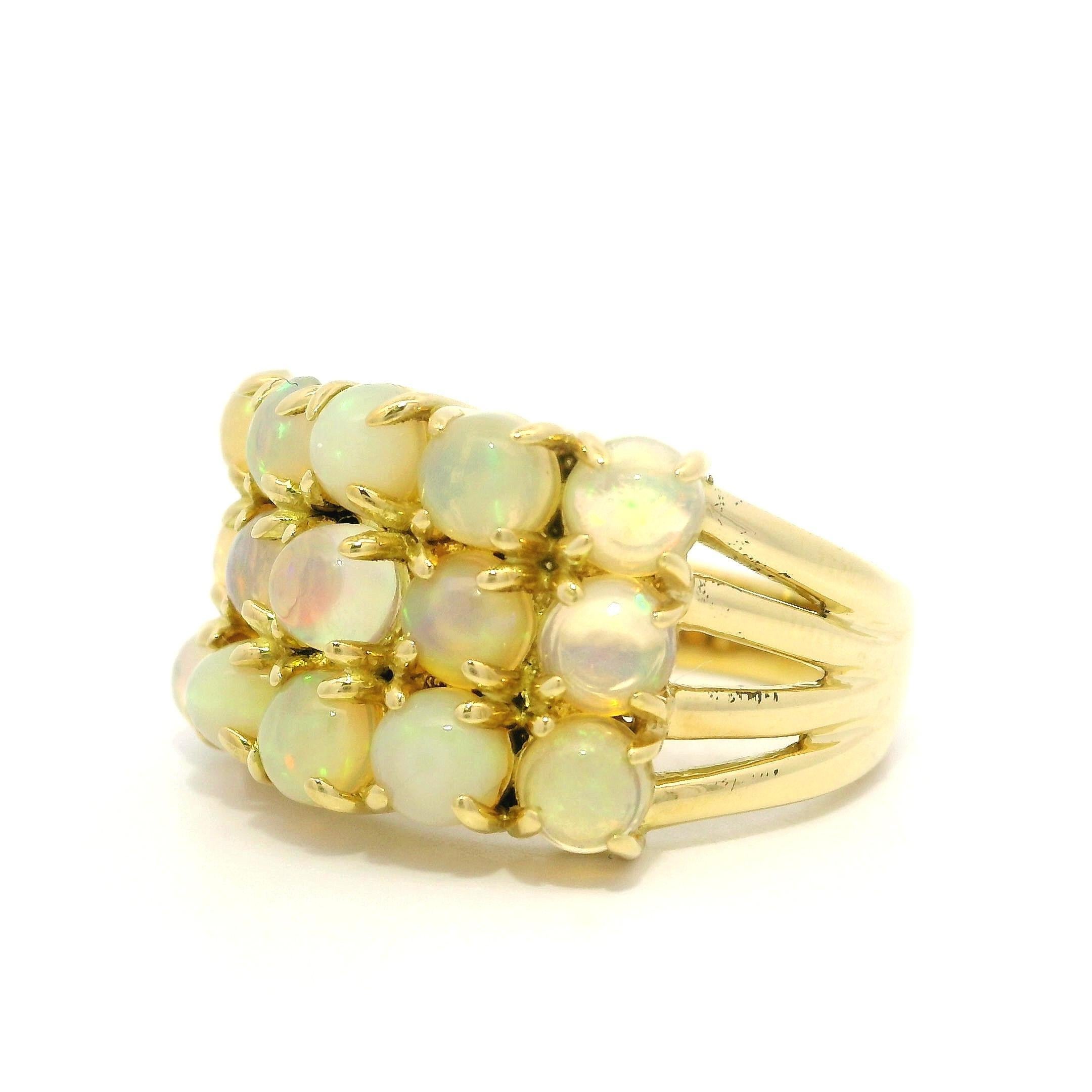 18k Yellow Gold Fiery Round Opal Three Row Wide Solid Band Ring For Sale 7