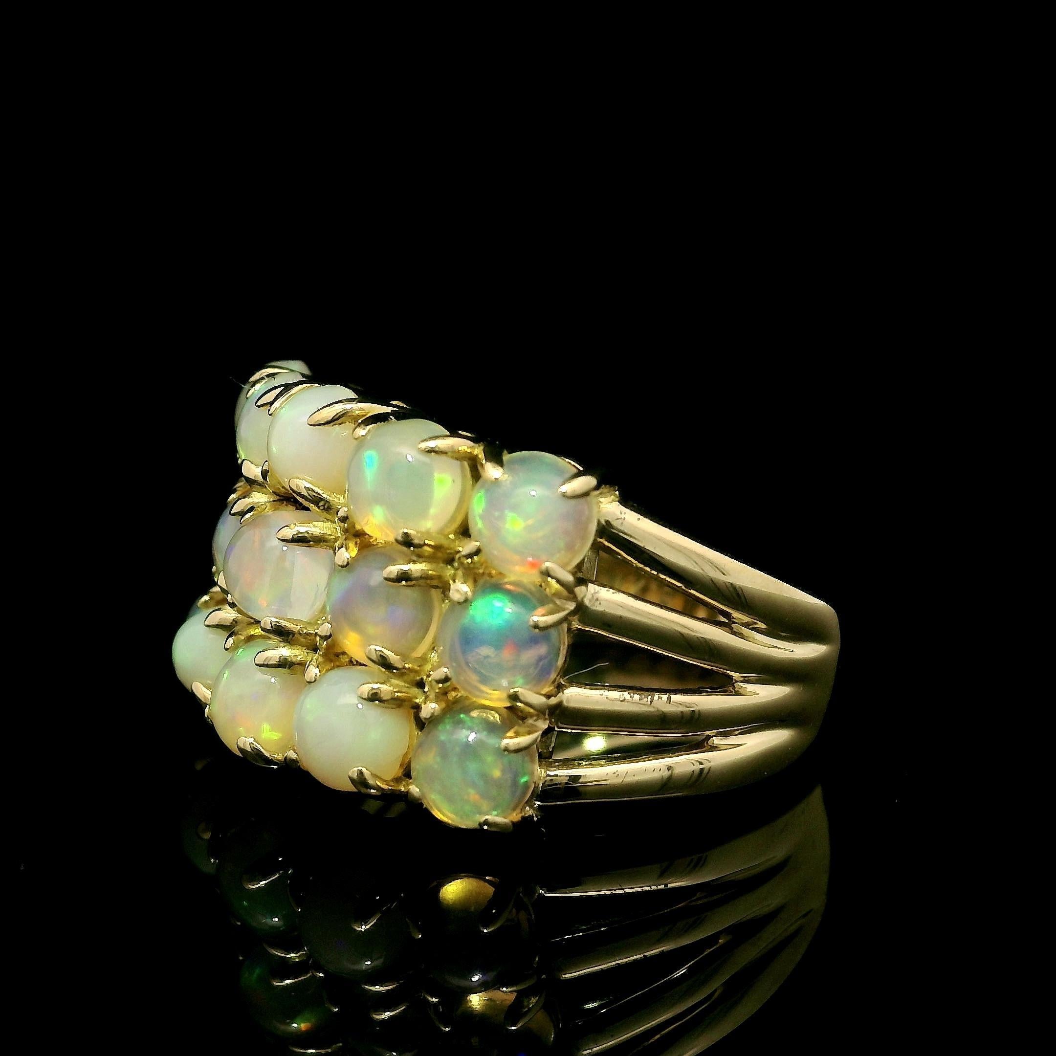 18k Yellow Gold Fiery Round Opal Three Row Wide Solid Band Ring For Sale 8