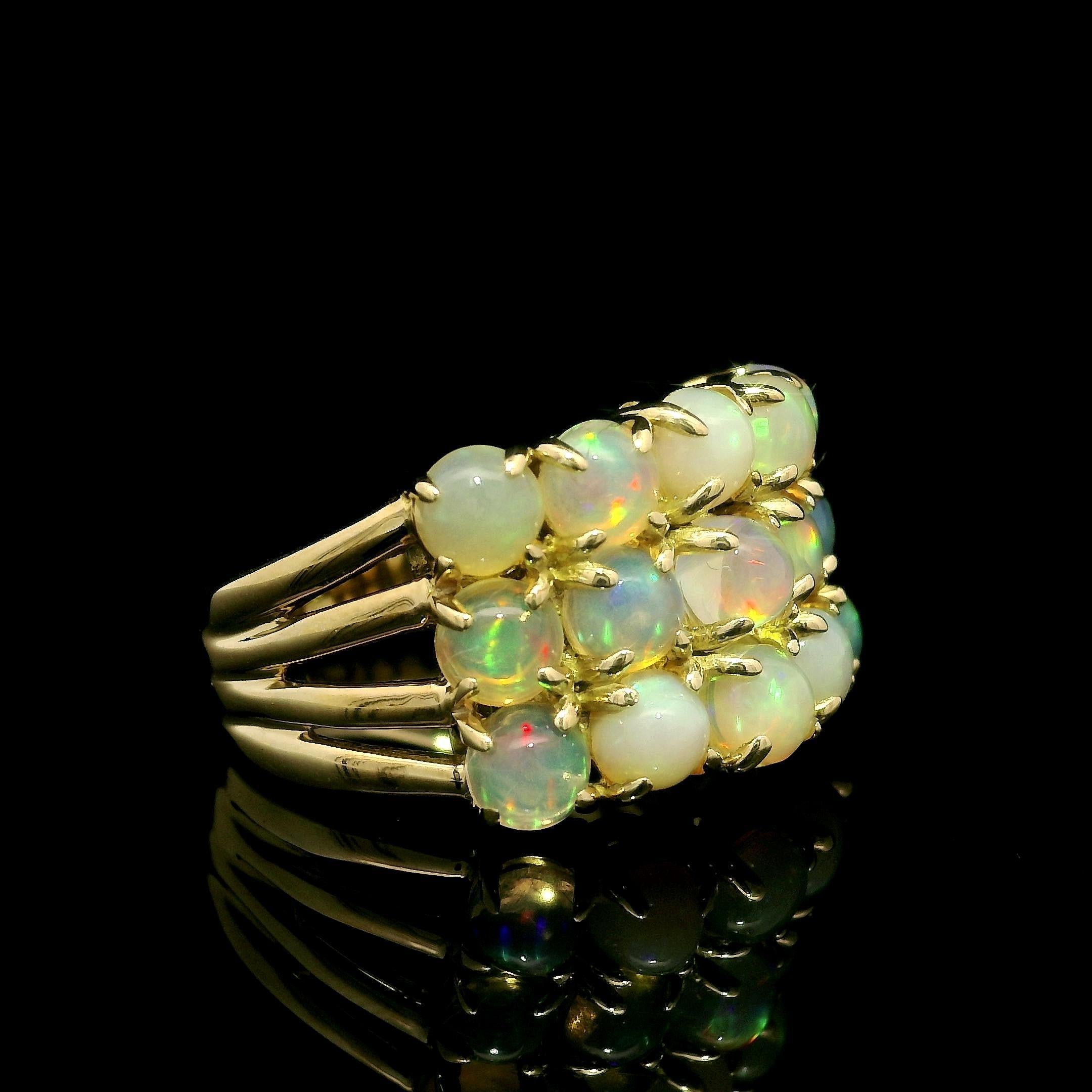 18k Yellow Gold Fiery Round Opal Three Row Wide Solid Band Ring For Sale 10