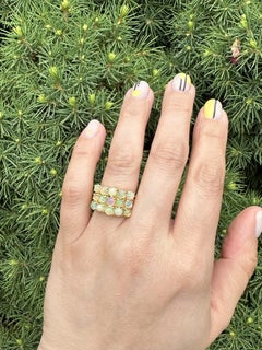 18k Yellow Gold Fiery Round Opal Three Row Wide Solid Band Ring