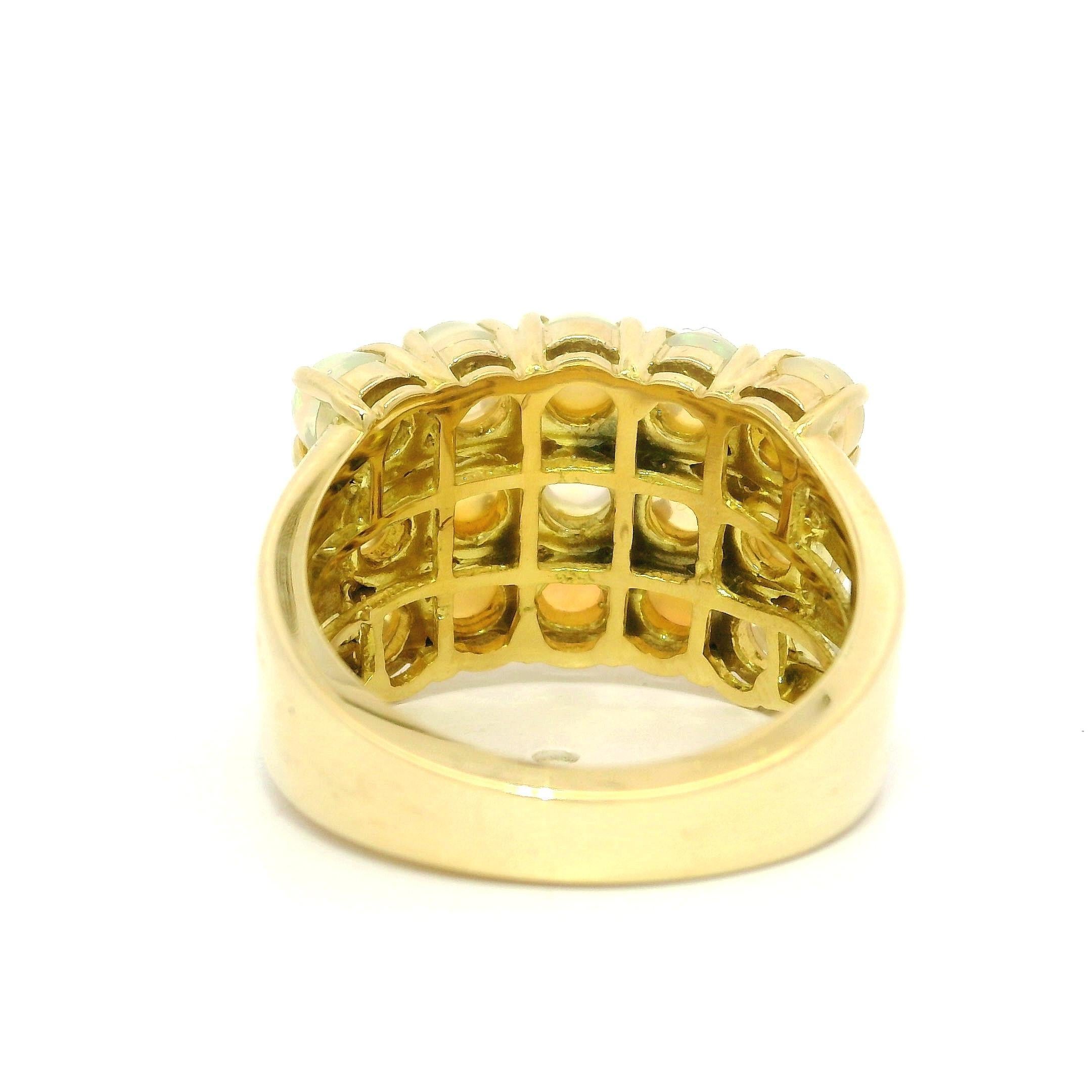 18k Yellow Gold Fiery Round Opal Three Row Wide Solid Band Ring In Excellent Condition For Sale In Montclair, NJ
