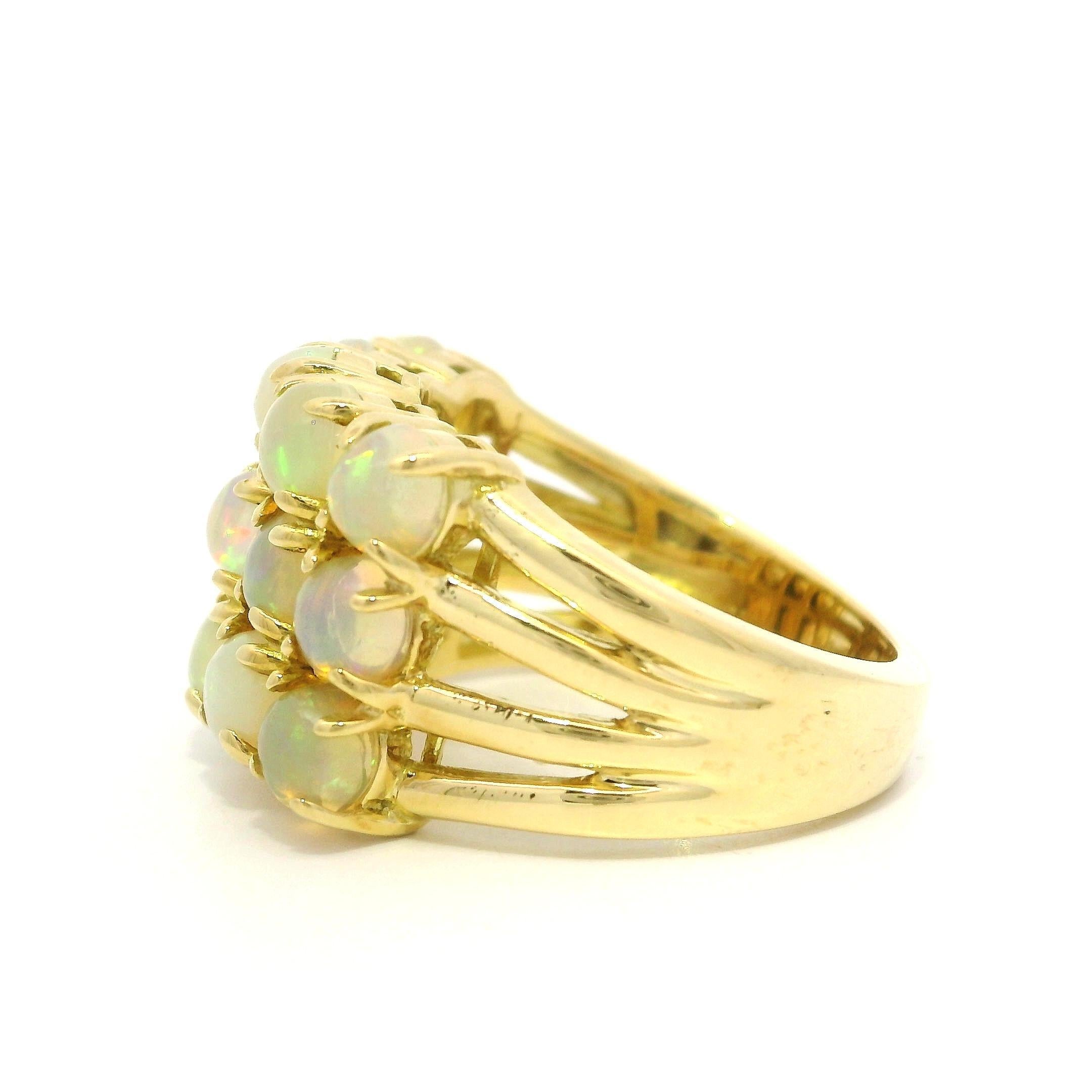 Women's 18k Yellow Gold Fiery Round Opal Three Row Wide Solid Band Ring For Sale