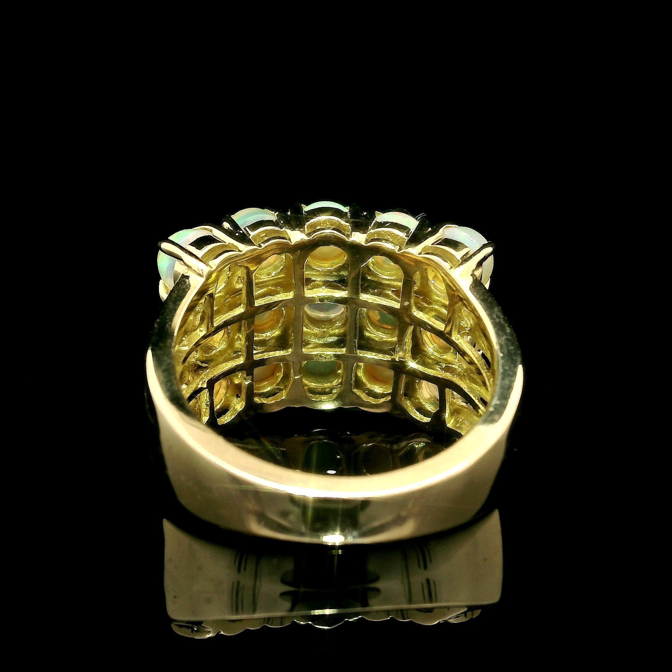 18k Yellow Gold Fiery Round Opal Three Row Wide Solid Band Ring For Sale 1