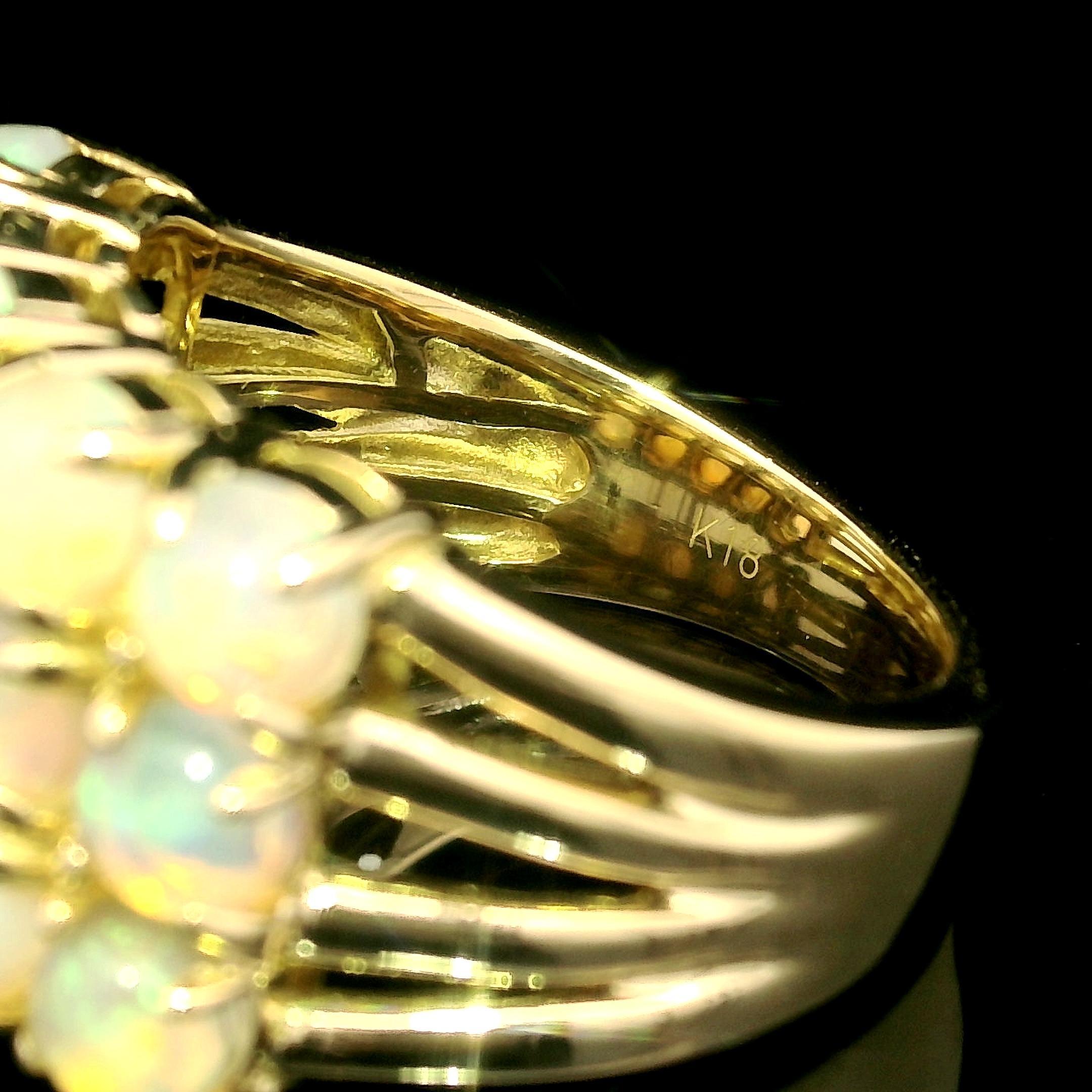 18k Yellow Gold Fiery Round Opal Three Row Wide Solid Band Ring For Sale 4